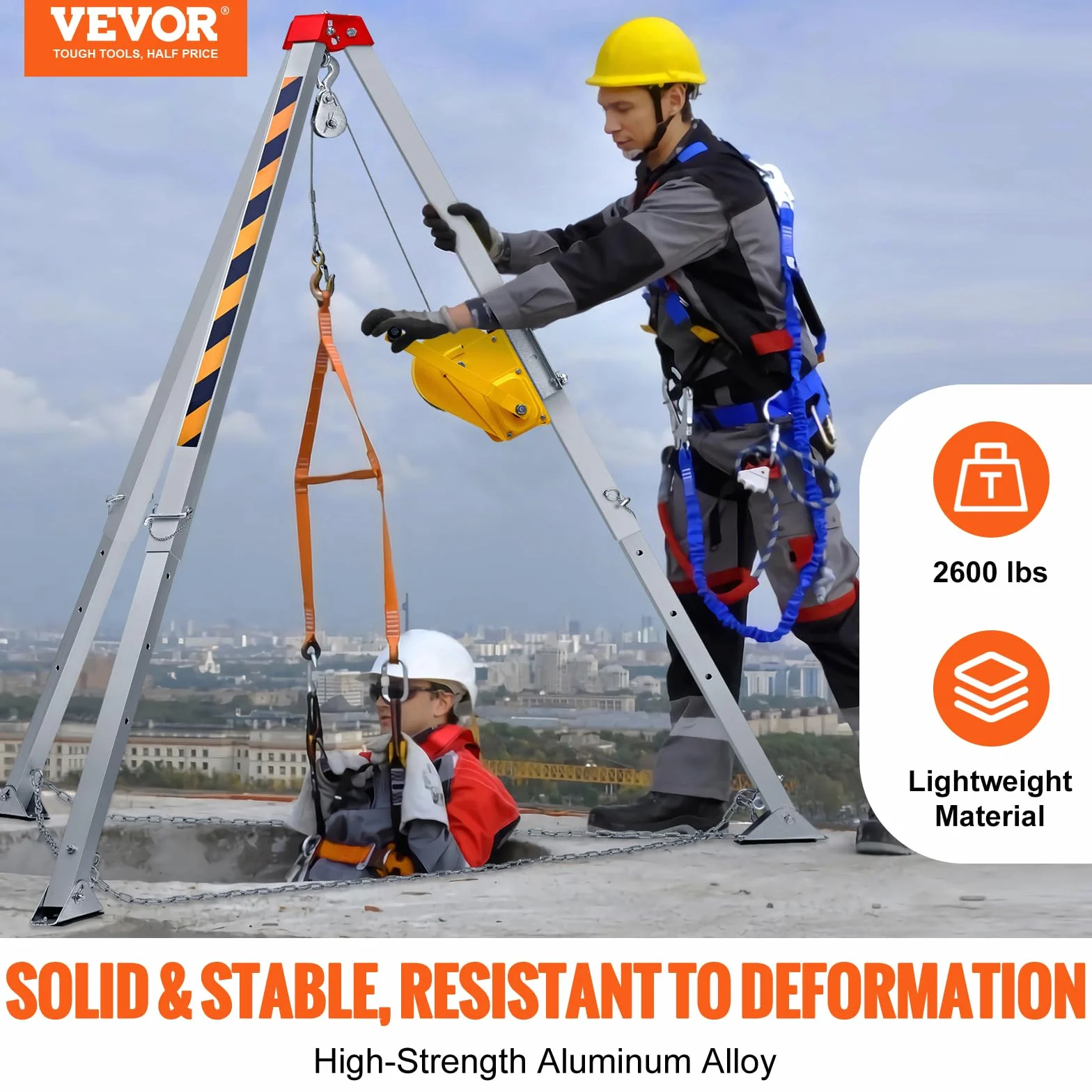 VEVOR Kit de trípode para espacios confinados, trípode de rescate de 2500 lbs, patas de 1,6 a 2,45 m, cable de 30 m, protección contra caídas de 32,8', arnés, bolsa de almacenamiento