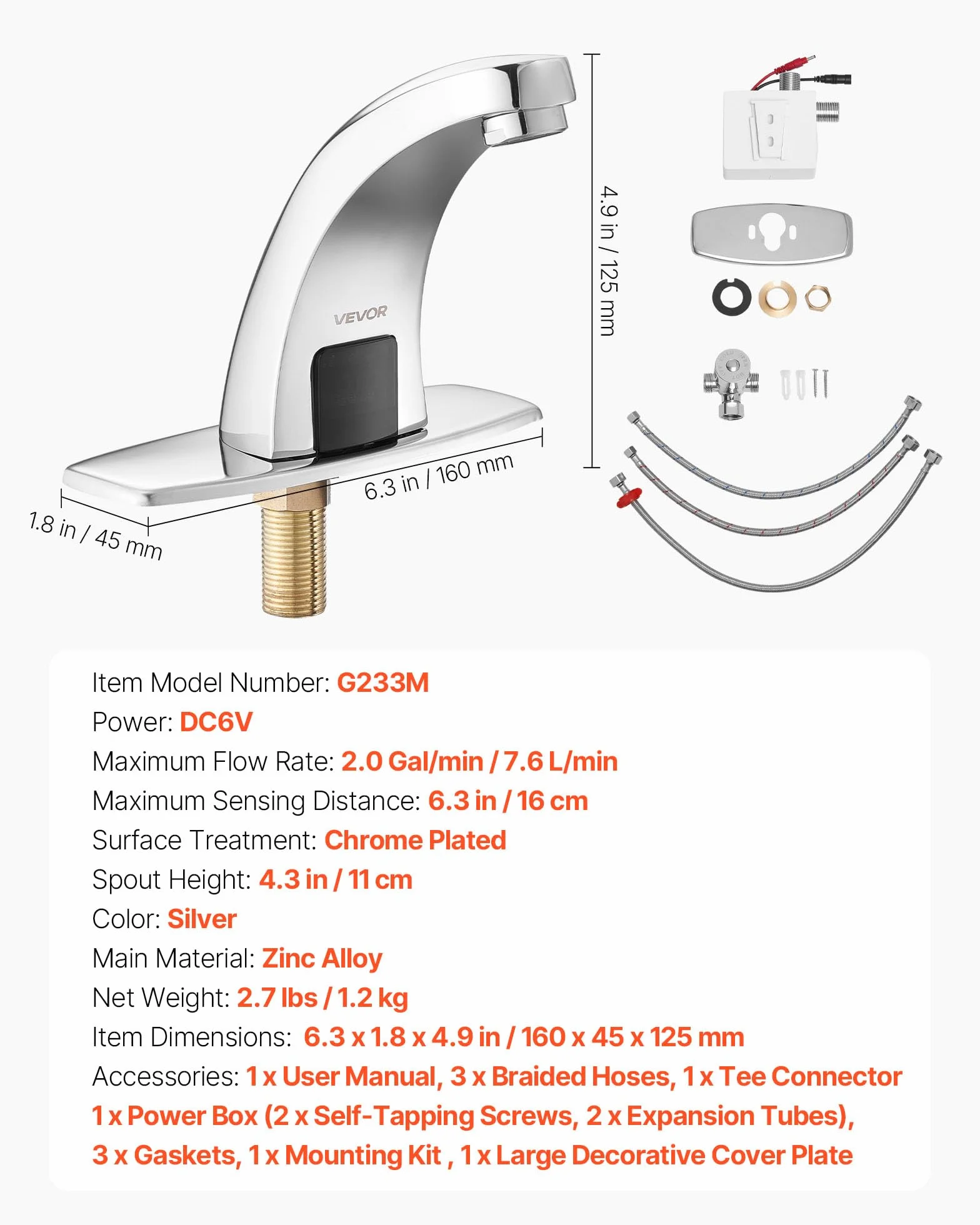 VEVOR Grifo de Lavabo Automático sin Contacto a Baño, con Sensor y Tapa, Alcance 16 cm, Grifo a Pilas para Inodoro y Lavabo, Diseño Delfín, Aleación de Zinc, Cromado Plateado, 160 x 45 x 125 mm