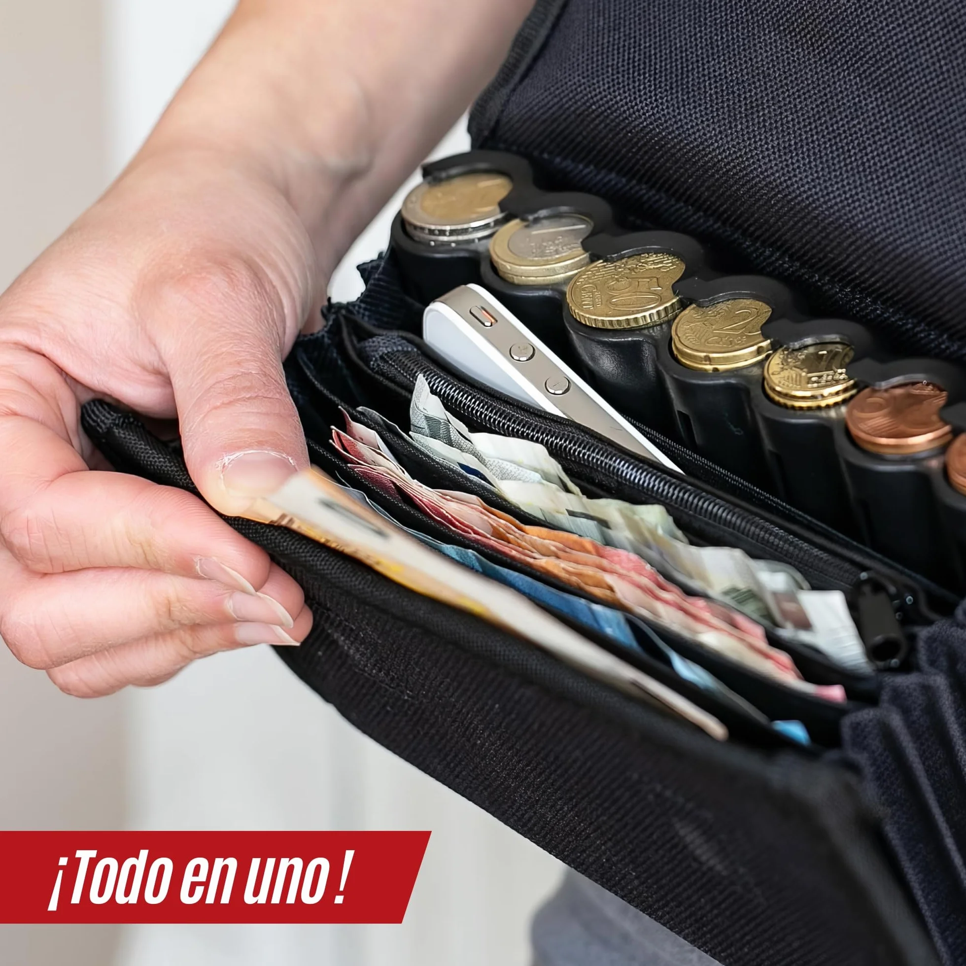Cartera Dispensador de Monedas y Billetes con Bolígrafo Detector - Riñonera Camarero para Taxi, Vendedores (Negro)