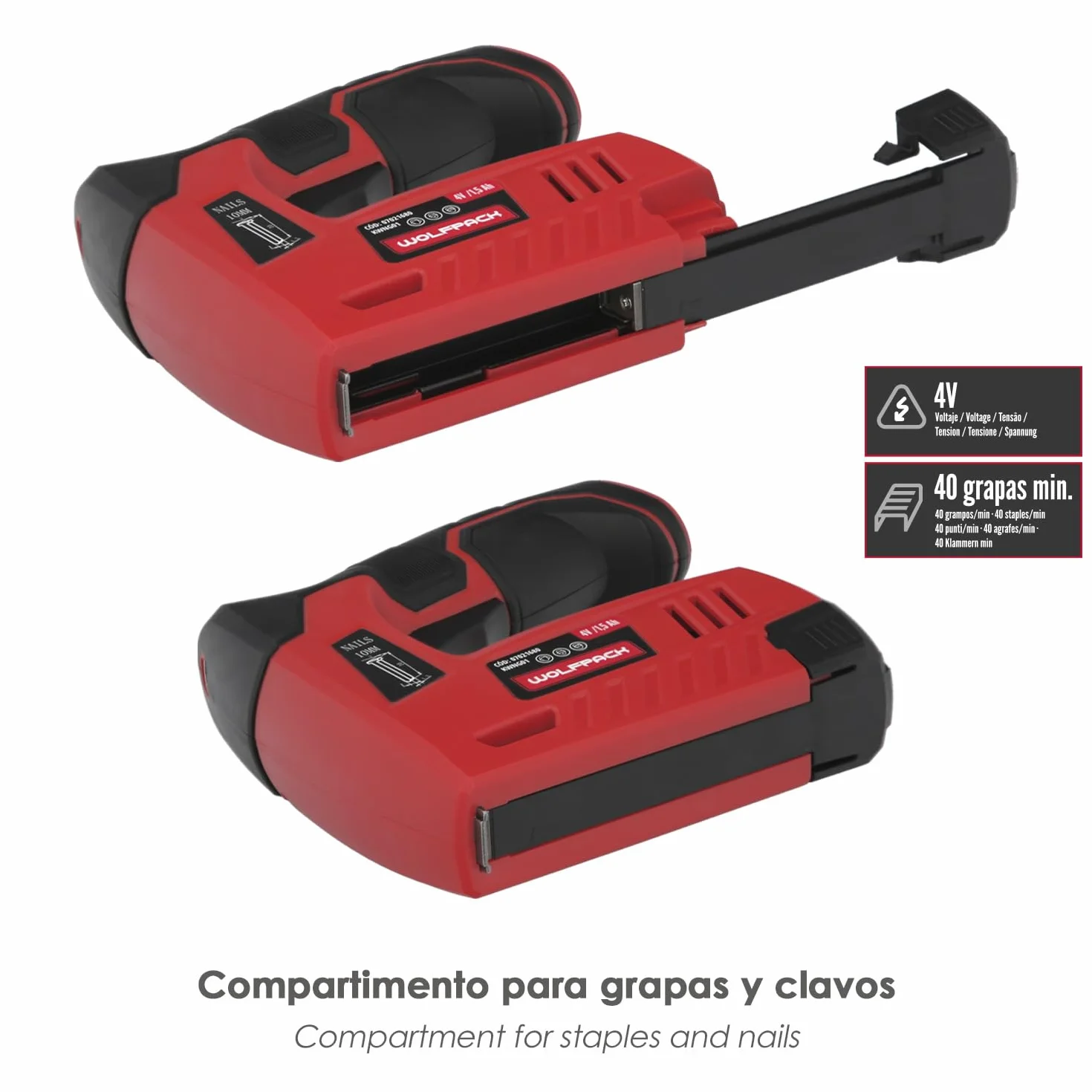 Clavadora grapadora recargable, pistola grapas y clavos, clavadora a bateria, 1.500 mah, 40 grapas minuto con grapas y clavos