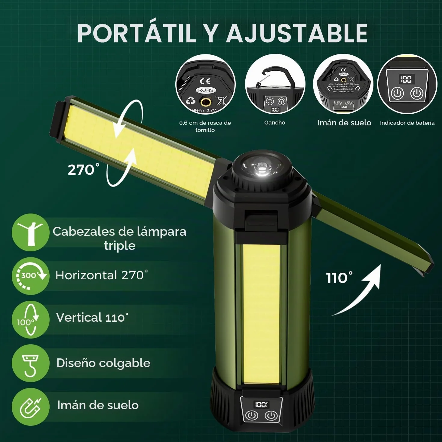 Foco LED recargable con soporte, 2000 lúmenes, batería de 6000 mAh, 7 modos de luz, lámpara de trabajo magnética para exteriores, reparación de coche, camping, inalámbrico, USB C [clase