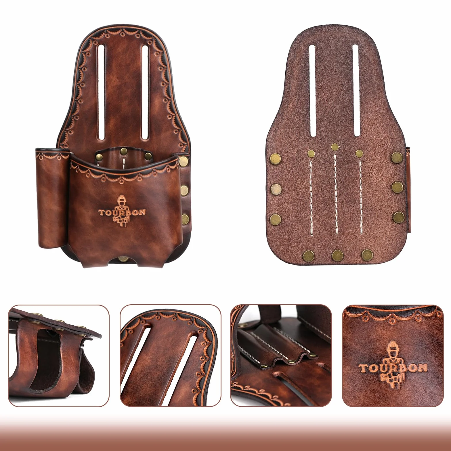 TOURBON - Soporte grande de piel auténtica para cinta métrica de cinturón, bolsa de herramientas con martillo, funda para cuchillos utilitarios, trabillas para lápices