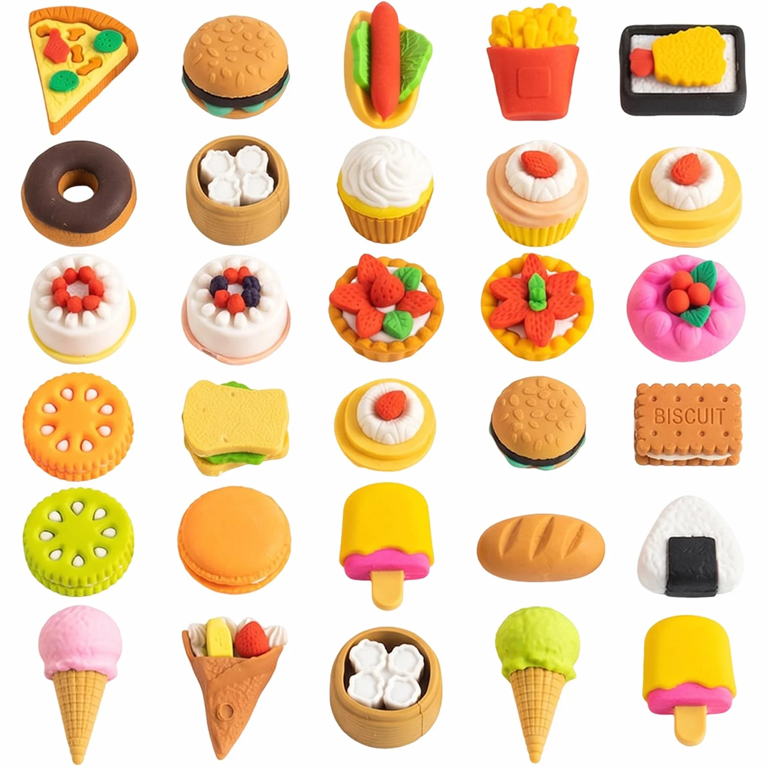 Gomas de Borrar Divertidas para Niños, 30 Pcs Mini Gomas de Borrar con Forma de Comida en Caja