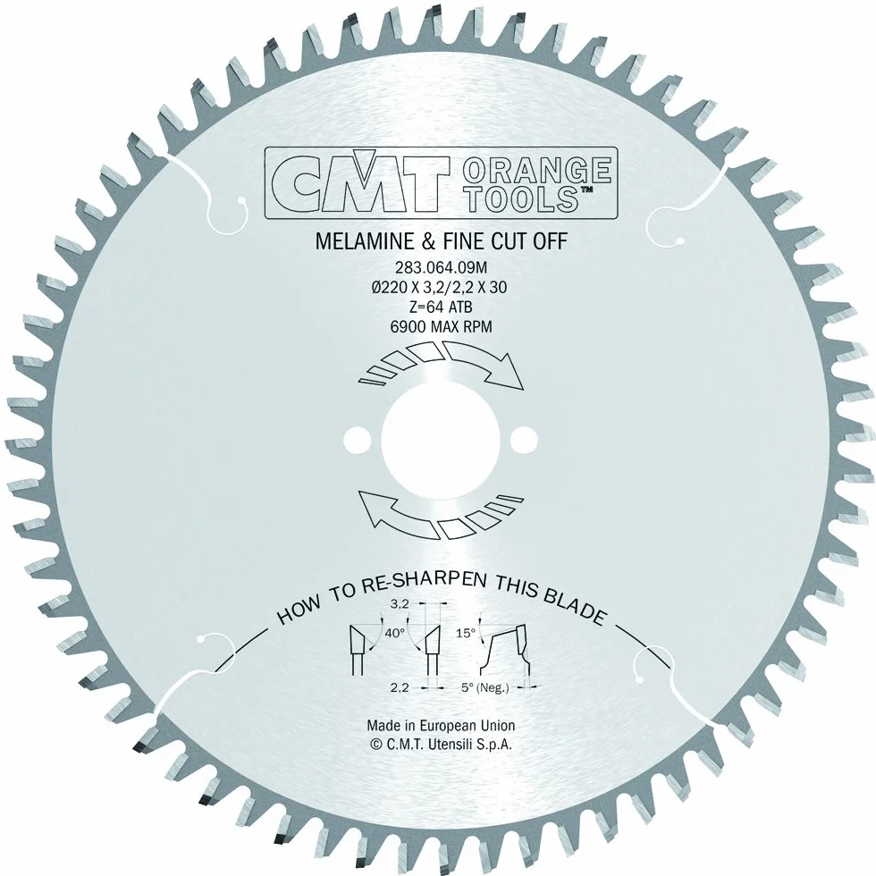 CMT Orange Tools 283.064.09M - Sierra Circular Acabado Ultra Fino HW 220x3.2/2.2x30 Z64 40HiATB -5°Neg