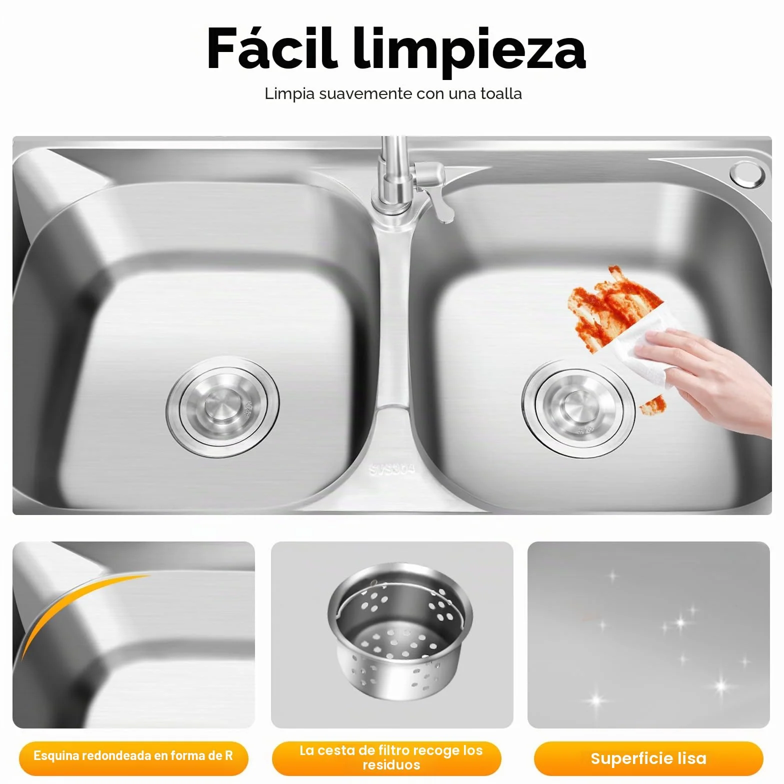 Fregadero de cocina independiente, 2 cuencos, doble, de acero inoxidable, comercial con grifo, soporte y drenaje, para exterior e interior