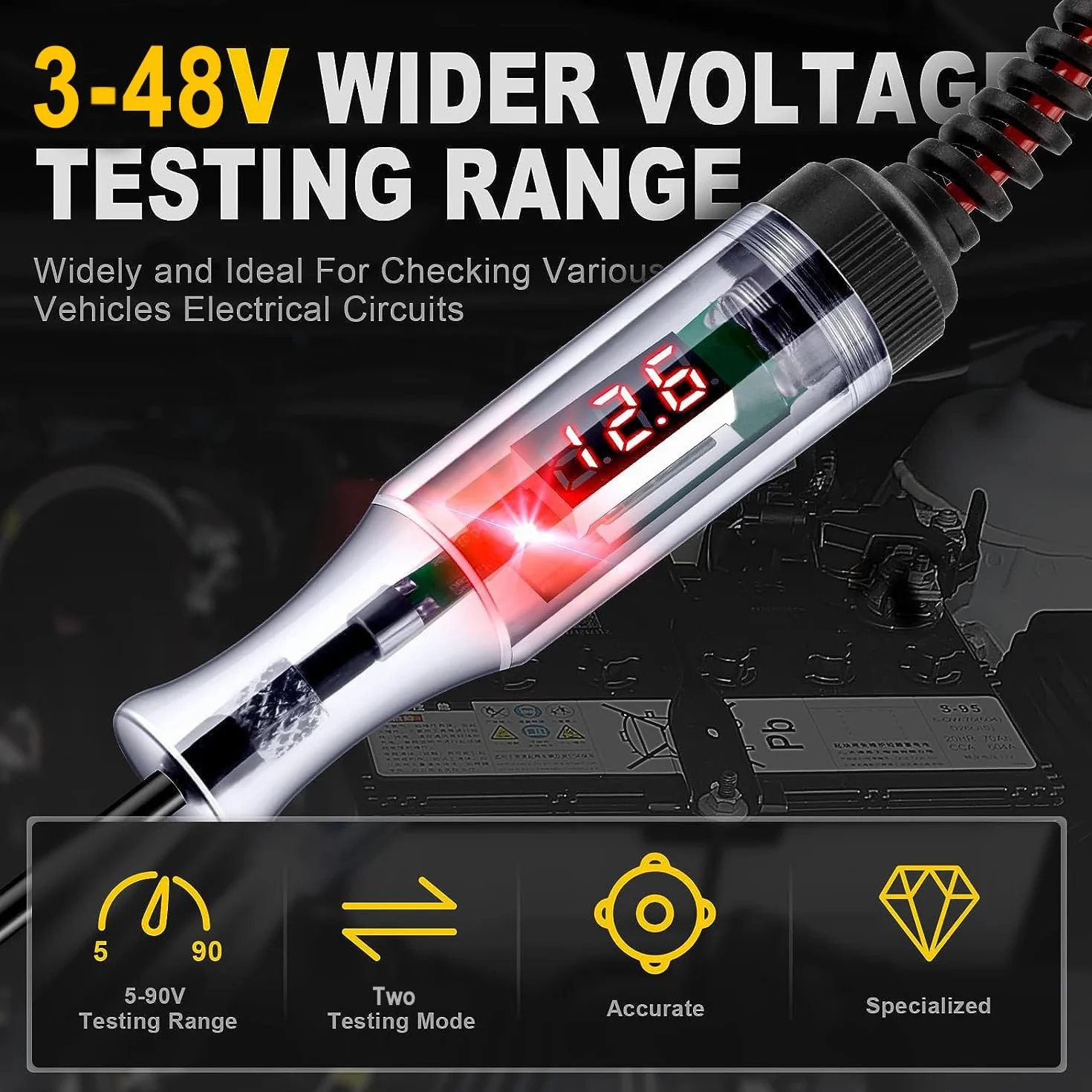 Greluma 1 Pieza Probador de circuito automotriz de 3-48V con voltímetro,luz de prueba de pantalla de retroiluminación LED resistente,probador de voltaje de DC bidireccional