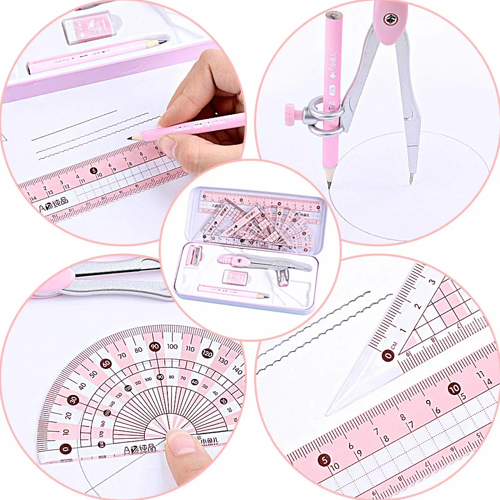 Escuadra y Cartabón 8 Piezas Compás Escolar Metal Durable Transportador Brújula Regla para Estudiantes Matemáticas Rosado