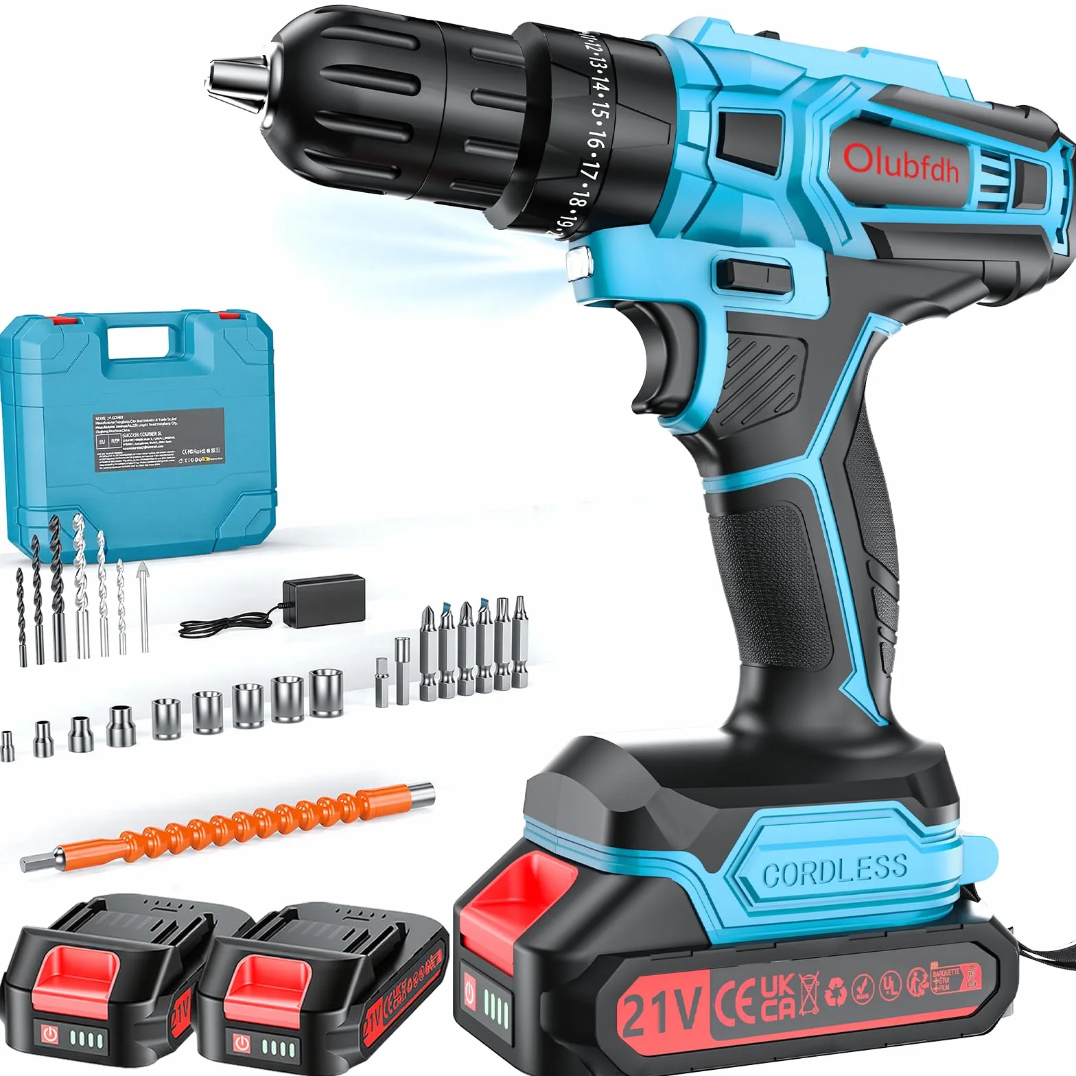 Taladro Percutor a Bateria 21V, Taladro Atornillador Bateria con 4000mAh Baterías, 45 Nm, 25+3 Ajuste Par (2 Velocidad y LED) Drill Adecuado para bricolaje en casa y jardín (Azul)