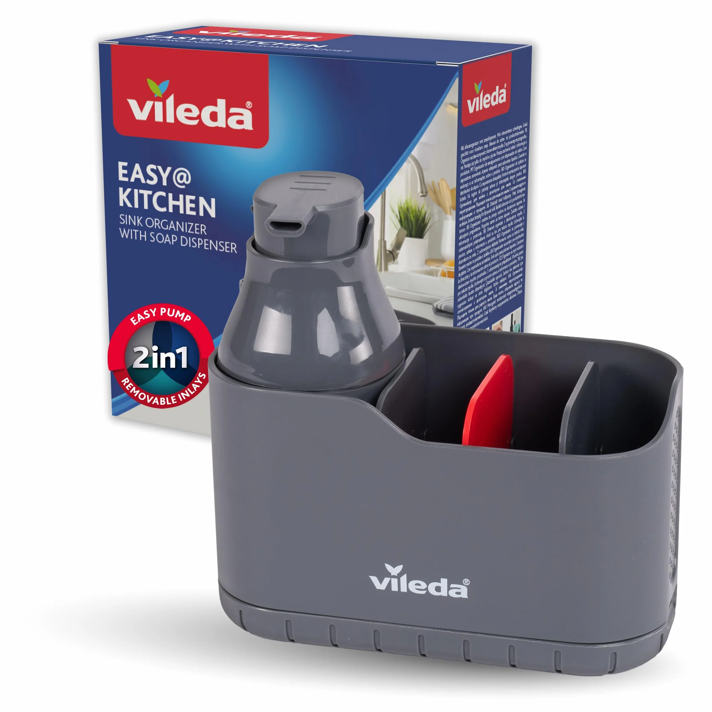 Vileda Organizador de Fregadero con Dispensador de Detergente - Soporte de pie para esponjas y cepillos con dosificador de jabón - Organizador de cocina de plástico con divisores ajustables
