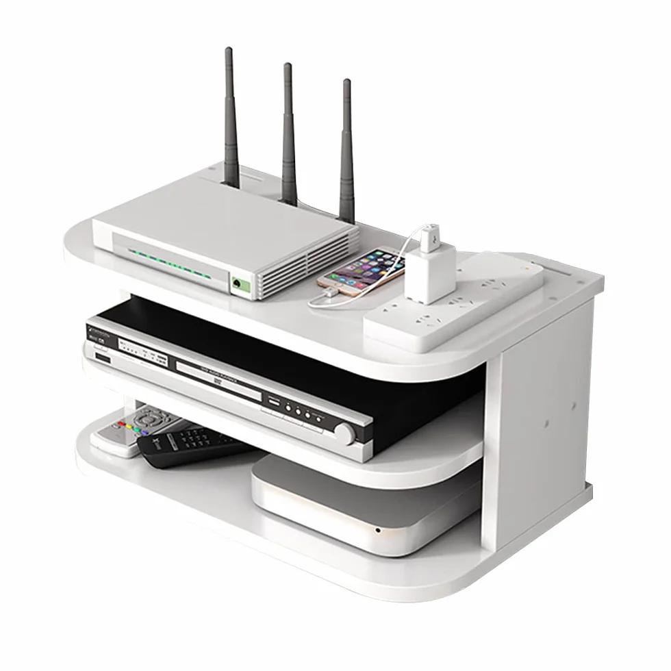 Estante de Pared para Router WiFi y Decodificador, 3 Niveles, Blanco | Madera maciza de 12 mm, diseño abierto y 3 niveles; permite organizar cables, no bloquea la señal y es fácil de limpiar.