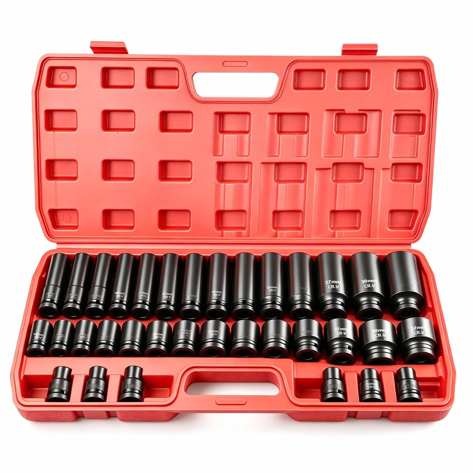 35 pcs Llaves de Vaso de Impacto 1/2, Juego de Llaves de Vaso Hexagonales 8-32 mm, 6 Puntos Vasos Acero CR-MO, Juego Carraca Profesional para Reparaciones de Coche con Caja