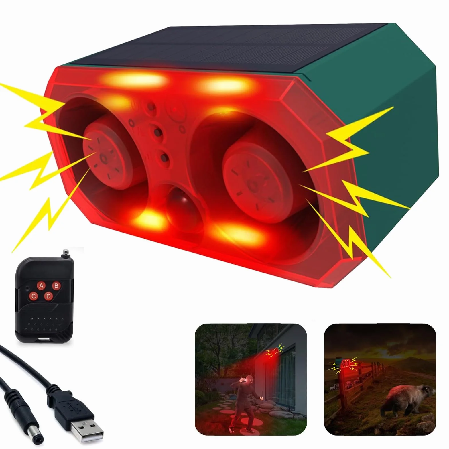 Sirena Solar de detección de Movimiento al Aire Libre-Equipado con un generador de Ruido de 2 * 130db y luz estroboscópica LED, admite grabación, manténgase alejado de Intrusos