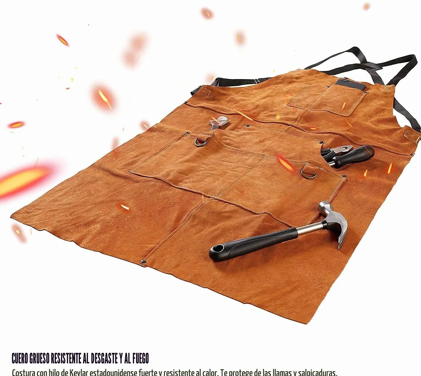 QeeLink delantal de soldador de cuero, delantal de cuero con 6 bolsillos para herramientas, mandil de carpintero resistente para hombres y mujeres, resistente al calor