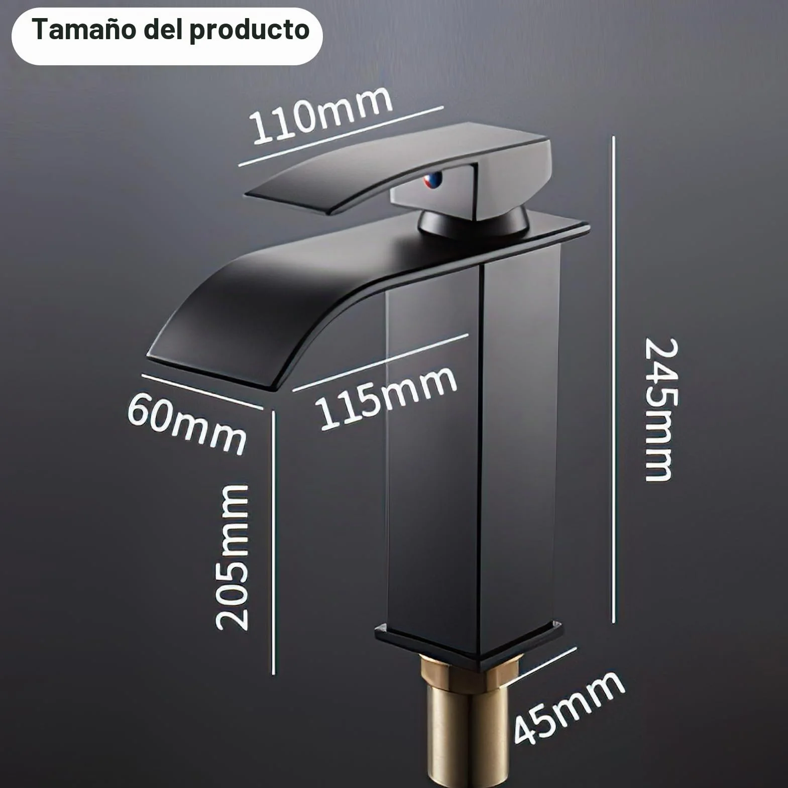 Grifo de cascada y lavabo, caño cascada, acero inoxidable, caliente y frío, vertical, altura 24,5 cm