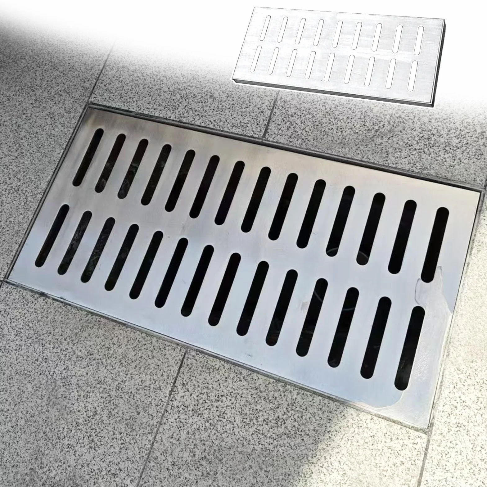 Rejilla y Marco de Drenaje Rectangular, Tapa de Drenaje extraíble para sumidero, Rejilla de Canal de Acero Inoxidable de Alta Resistencia, Sistema de Drenaje de Piso Estrecho Plateado (60x20