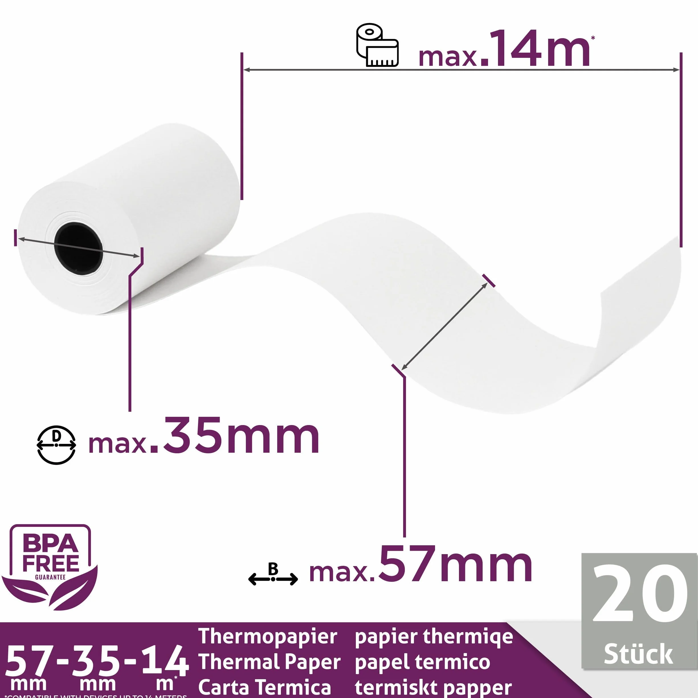 LYNNE - Rollos Papel Datafono Térmico 57x35x12mm para todos los TPV y las impresora térmica - Rollo papel térmico 57mm x 35mm x 14m - Ideal para máquinas de tarjetas de Crédito - Papel TPV [20x]