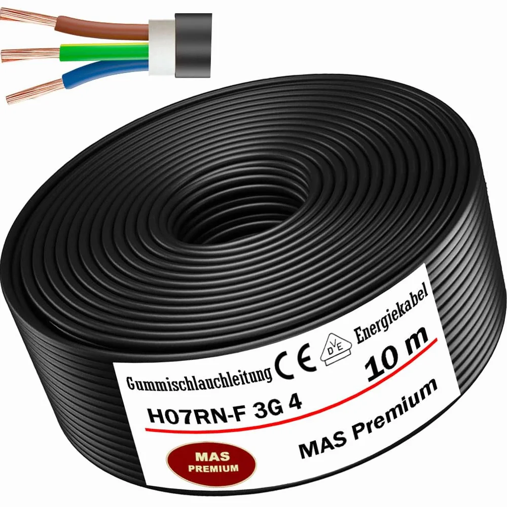 MAS Premium Cable de goma H07RN-F 3G, 4 mm², negro, 3 hilos, cable de goma para obras pesadas, de 5 a 100 m
