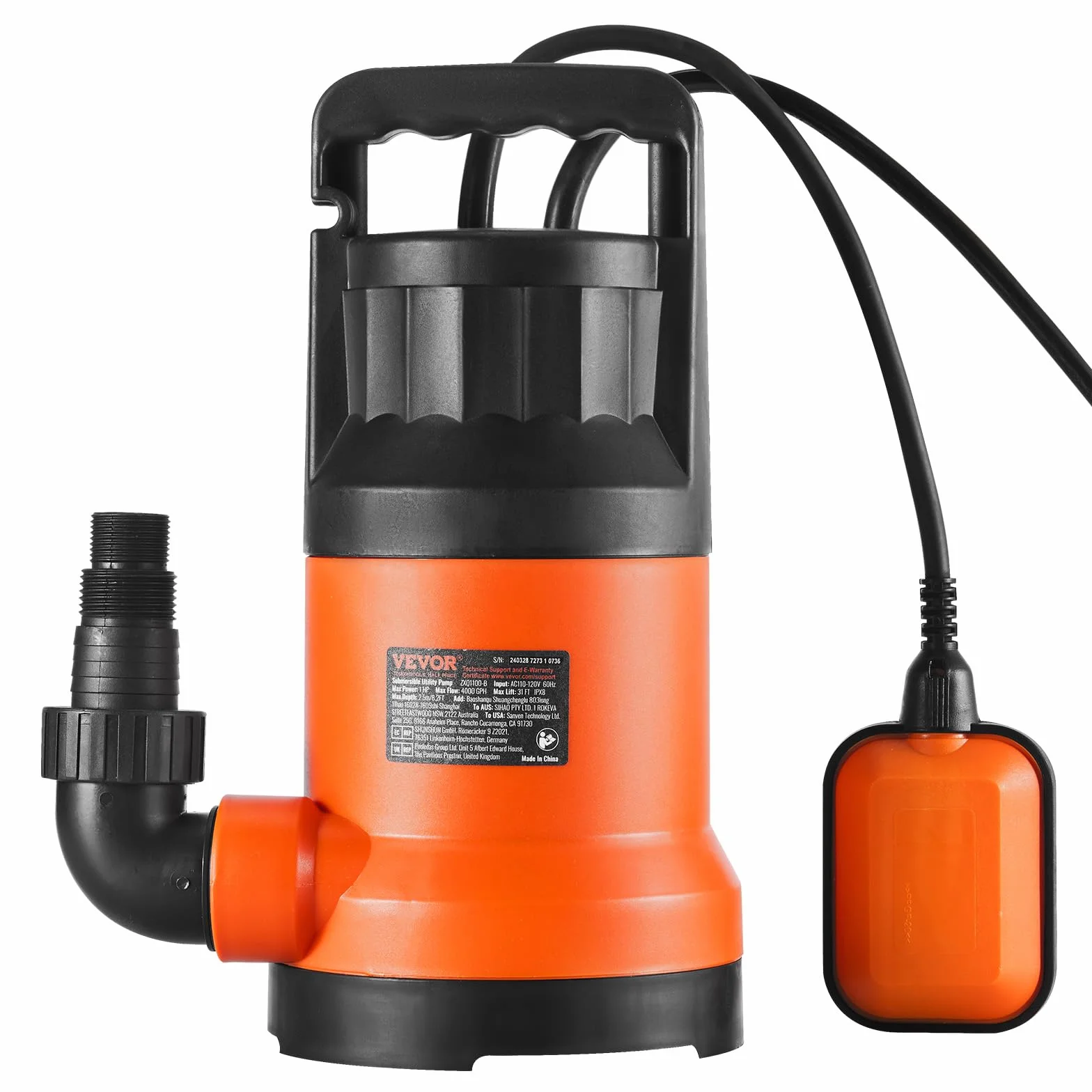 VEVOR Bomba Sumergible 400W 9500L/H 7,9m Alto Flujo Sumidero
