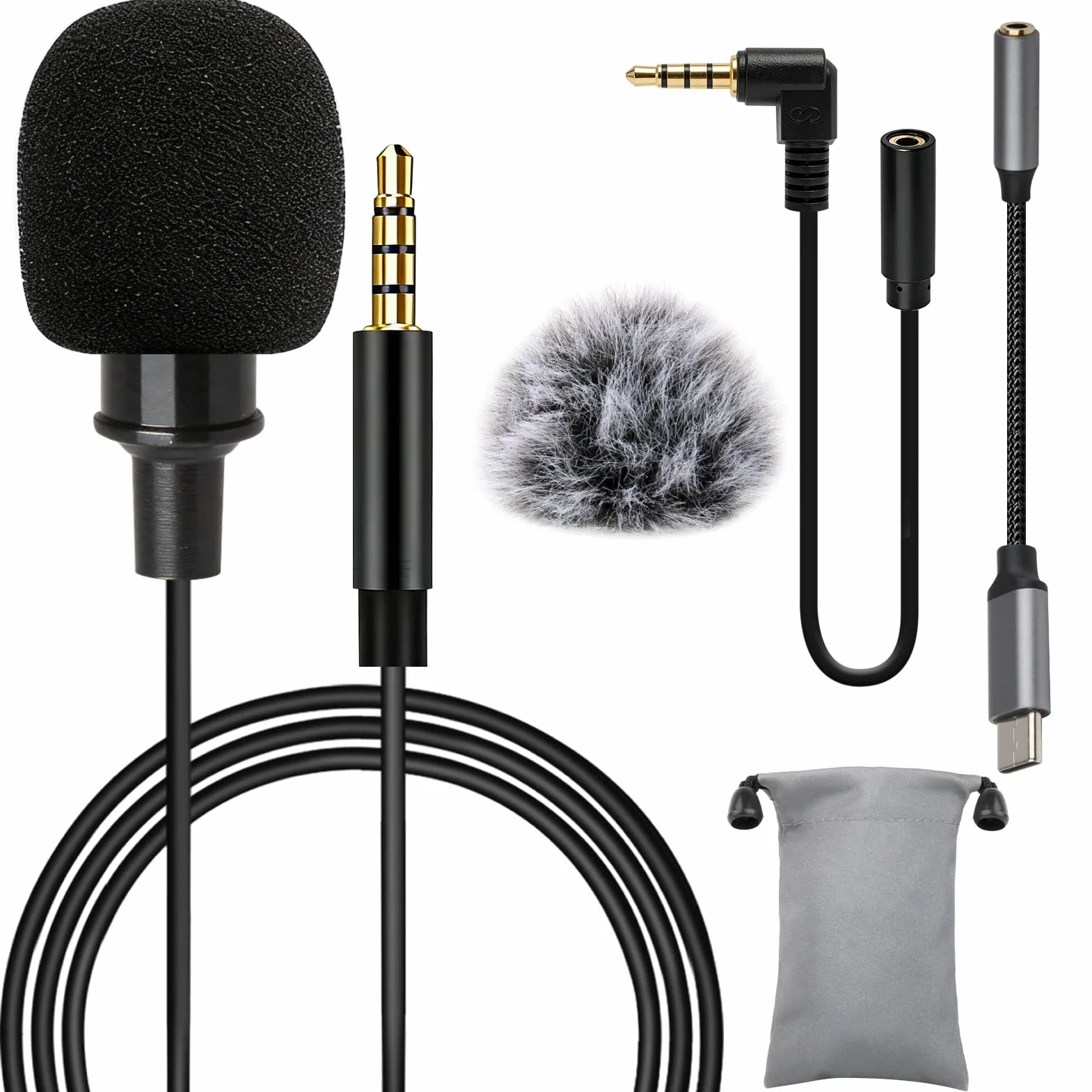 Micrófono de Solapa Omnidireccional Lavalier con Cable 2M, Parabrisas, Adaptadores Type-C y 3.5mm para Grabación