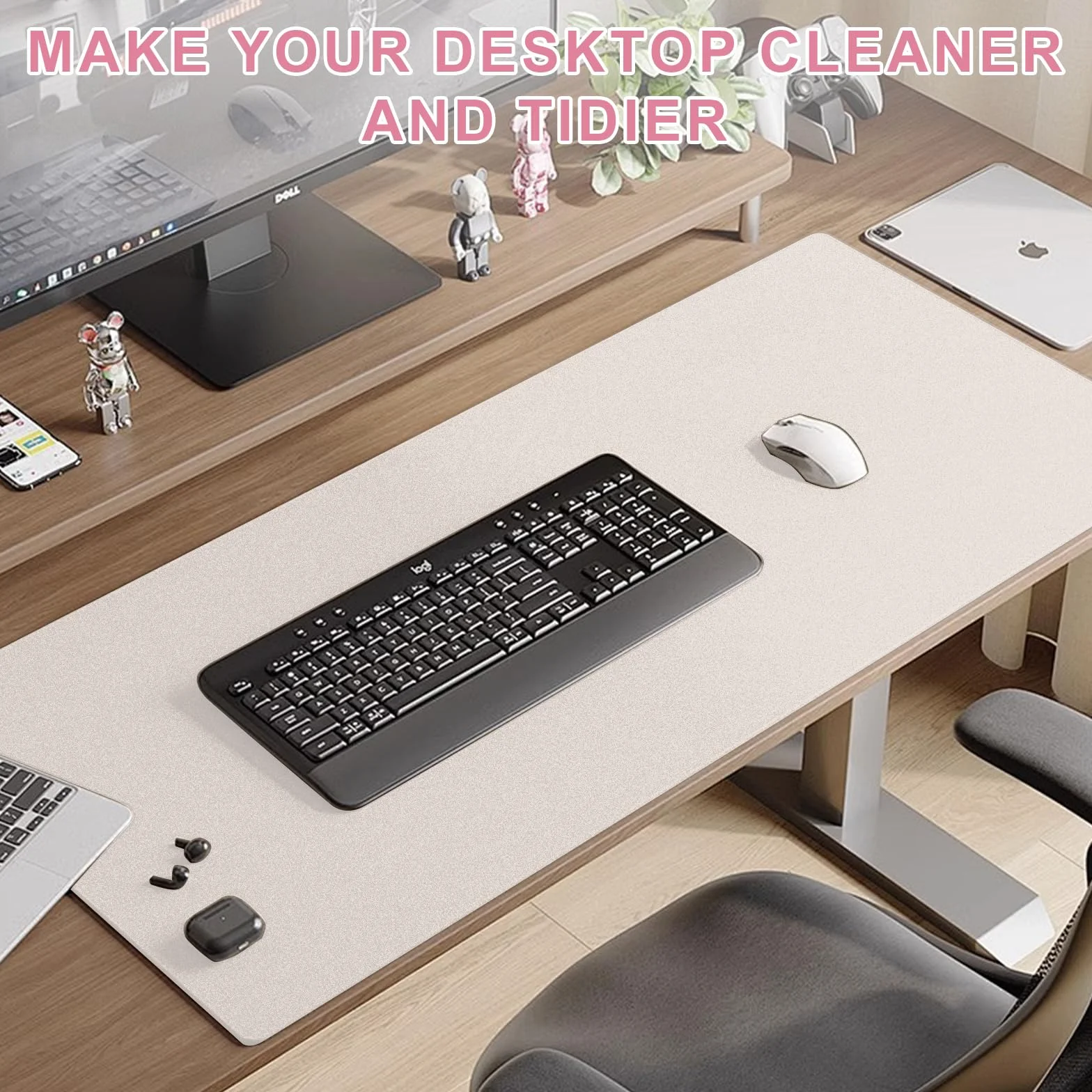 Alfombrilla de Escritorio Protector PU Impermeable Antideslizante 80x40 cm Mouse Pad Grande Beige