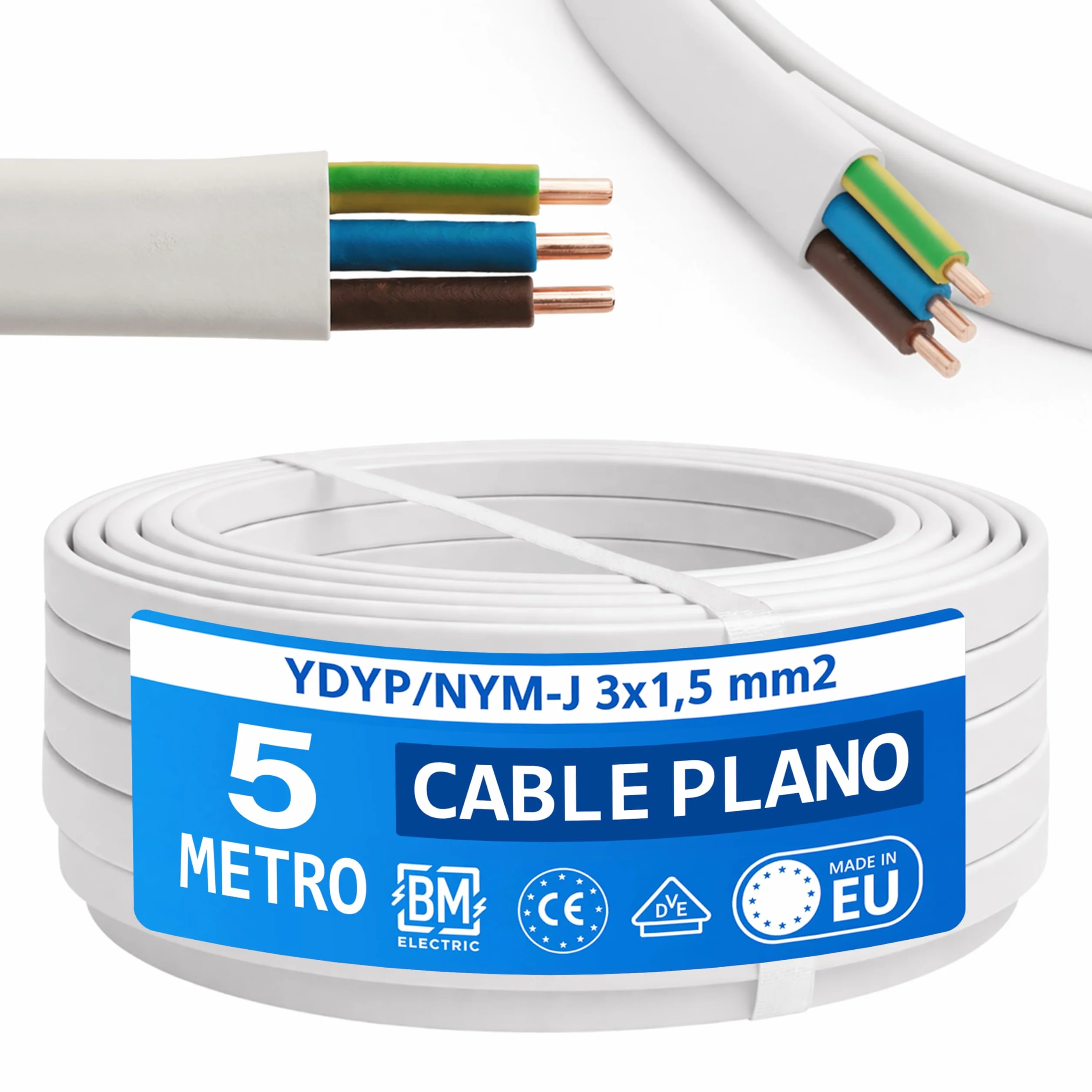 NYM - Cable YDYp de 3 x 1,5 mm² – Cable de alimentación tripolar, cable plano de 5 m, 10 × 5 mm, pasaventanas, cable para ambientes húmedos, conductor de cobre macizo, 300/500 V