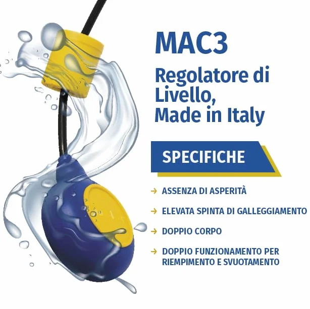 Interruptor de Flotador MAC3 para Bomba Sumergible – Flotador eléctrico 10 m, regulador de Nivel de Agua para depósitos, pozos, cisternas – Fabricado en Italia