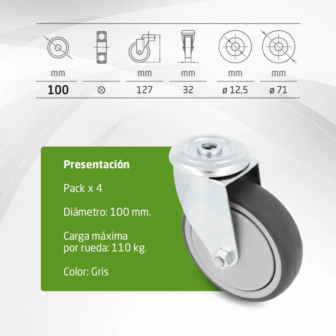 Amig- Pack de 4 Ruedas para Muebles - Con Agujero- Ø100 mm - Carga Máxima por rueda 110 kg- Pletina de Acero- Fabricada con Goma- Sin Freno- Ideales para Mover Equipos Industriales y Muebles Pesados