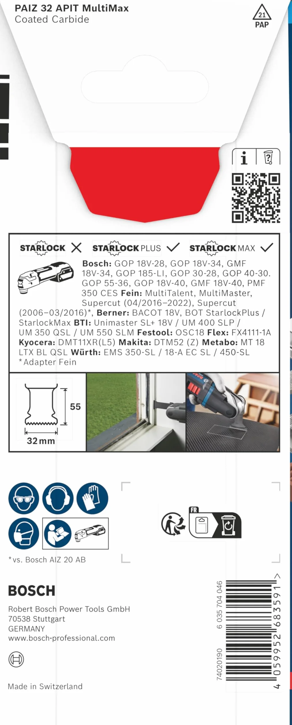 Bosch 1x Hoja de corte de inmersión EXPERT PAIZ 32 APIT MultiMax (para Láminas de acero inoxidable, Plásticos con fibra GFK, CFK, Anchura mm, Professional Accesorios Multiherramienta)