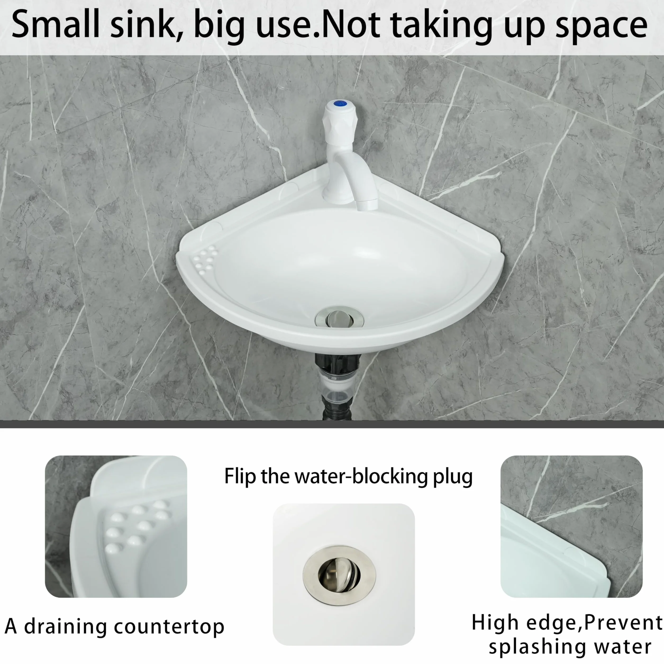 Fregadero de baño pequeño para montaje en pared, lavabo triangular sin taladro, autoadhesivo, 12 x 12 pulgadas con agujero para grifo de 1.26 pulgadas, mini fregadero de plástico para el hogar