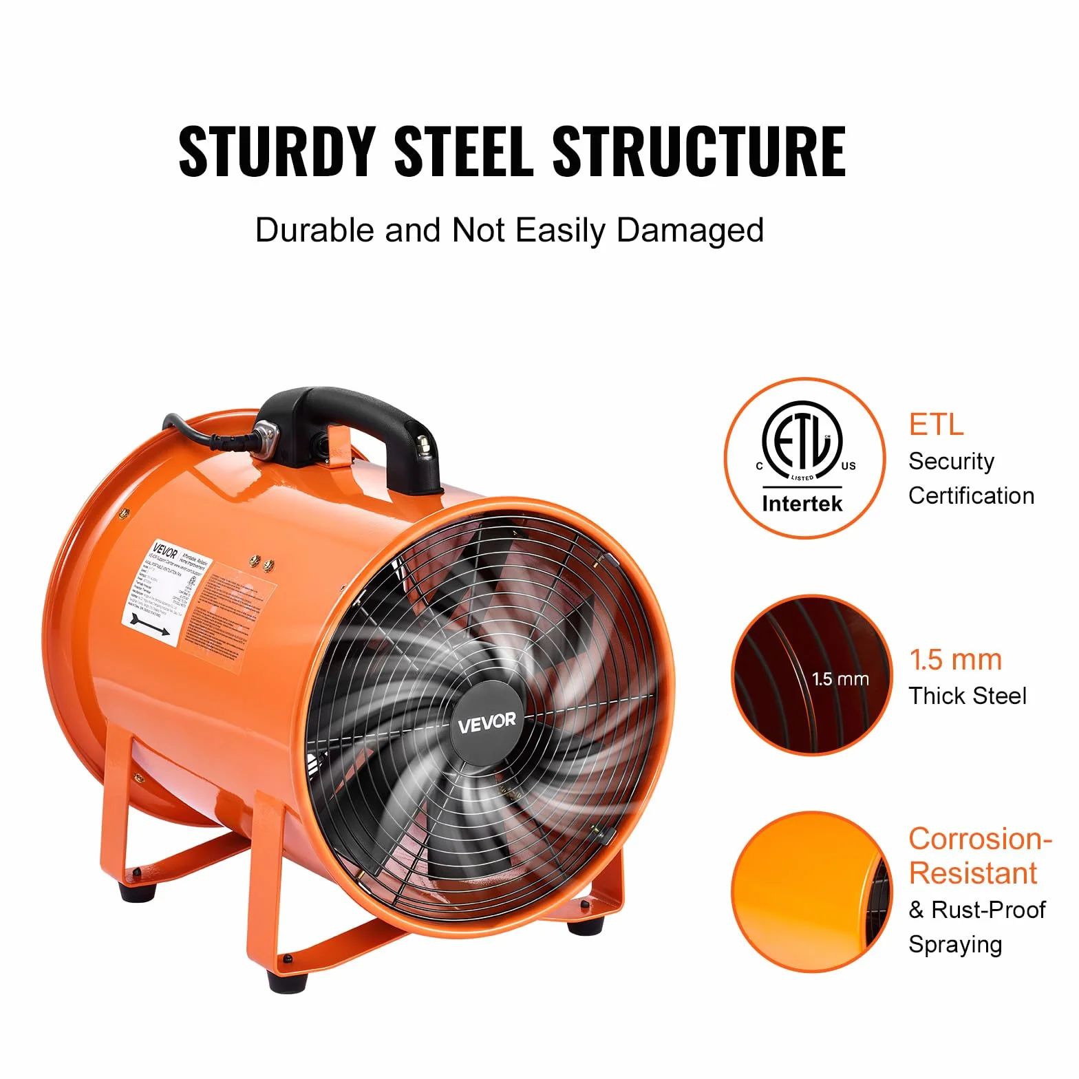 VEVOR Ventilador Extractor Industrial 365 W Extractor de Aire Conducto 304,8 mm Manguera de Extracción 10 m Volumen de Aire de 4373 m3/h Extractor de Aire 2 Engranajes para Extracción de Polvo y Humo