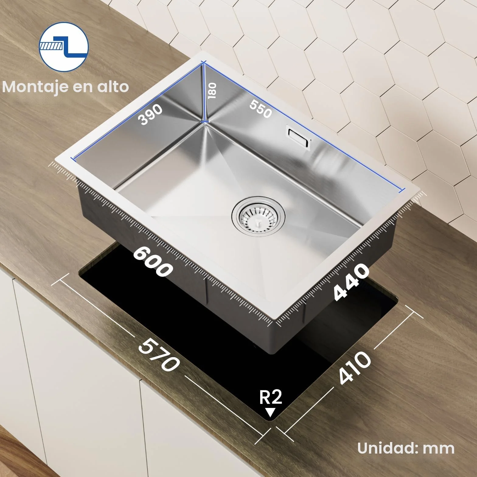 CECIPA Fregadero Cocina 1 Seno 60 x 44cm, Fregadero Bajo Encimera o Sobre Encimera, Fregadero de Acero Inoxidable 304 con Cesta de Filtro Extensible, Sifón y Kit de Drenaje