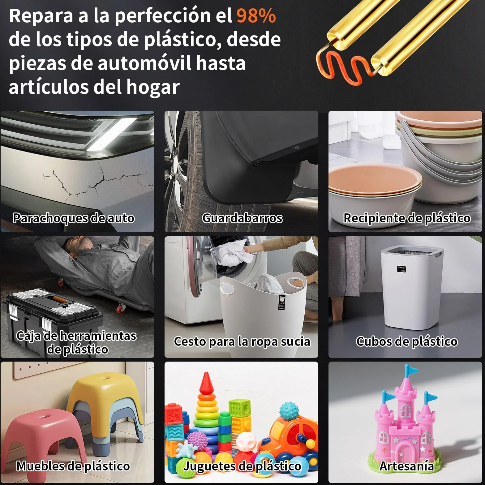 Soldador de Plástico con 800pcs Grapas, 70W Pistola Soldar Plastico pour Réparer lesPare-chocs de Voiture et d'Autres Pièces en Plastique, plano/esquina exterior/esquina