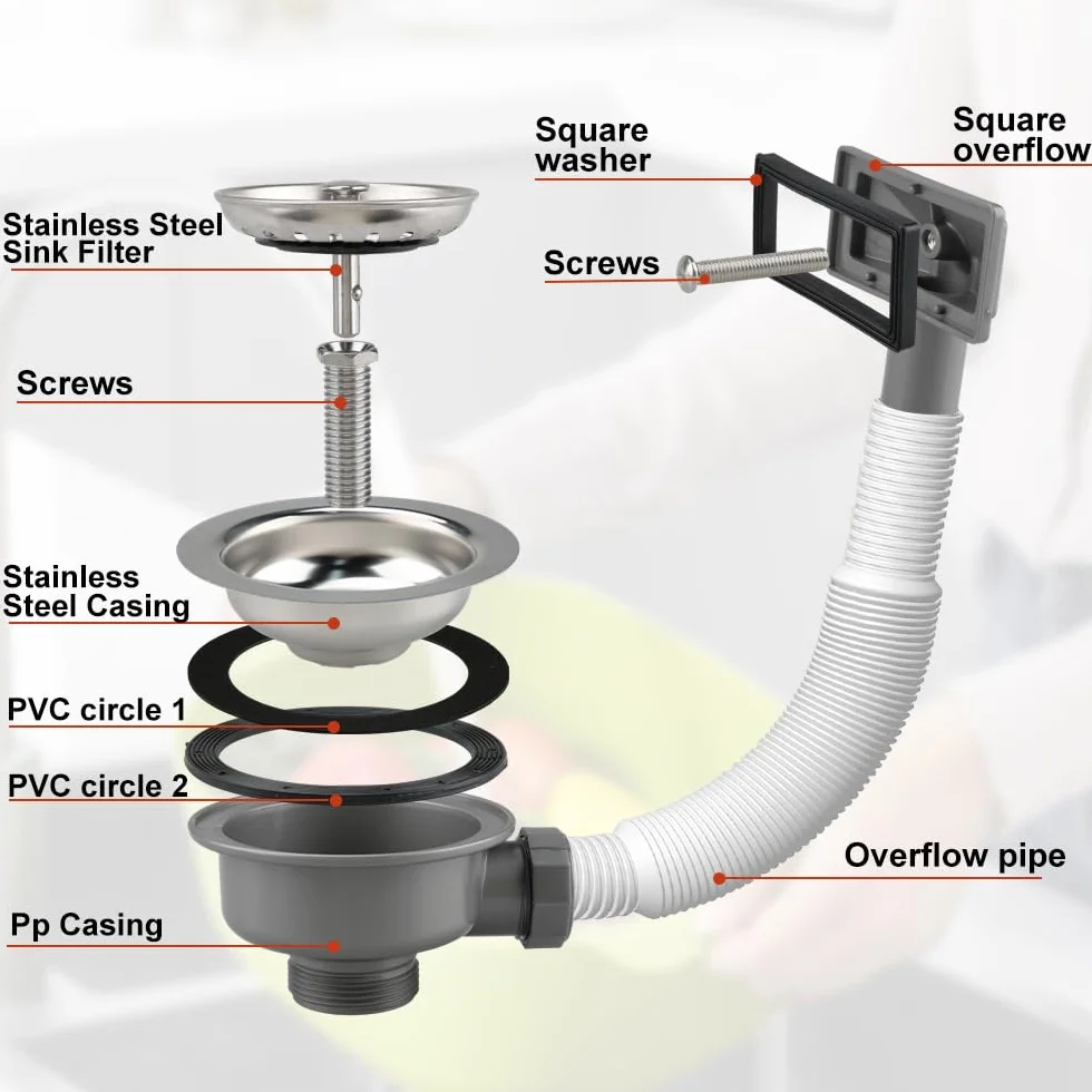 Válvula Desagüe Fregadero Cocina 114 mm Acero Inoxidable G1 1/2" Rebosadero Colador