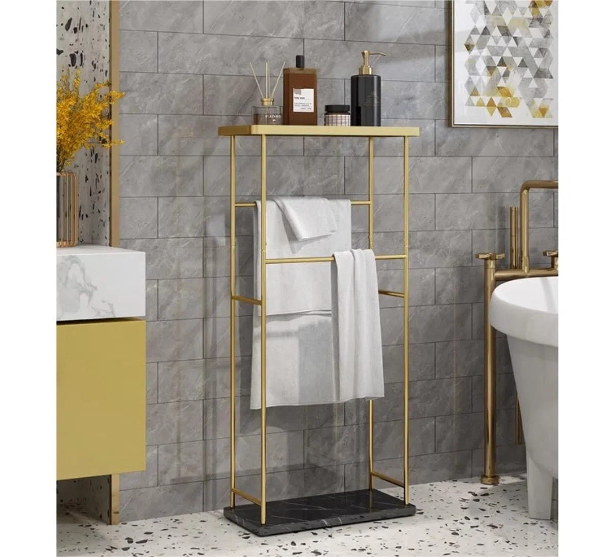 Toallero De Pie Toallero De Hierro 2 Niveles con Base Mármol Y Encimera Vidrio, Independiente, Soporte Nórdico para Toallas para Baño Baño Organizador