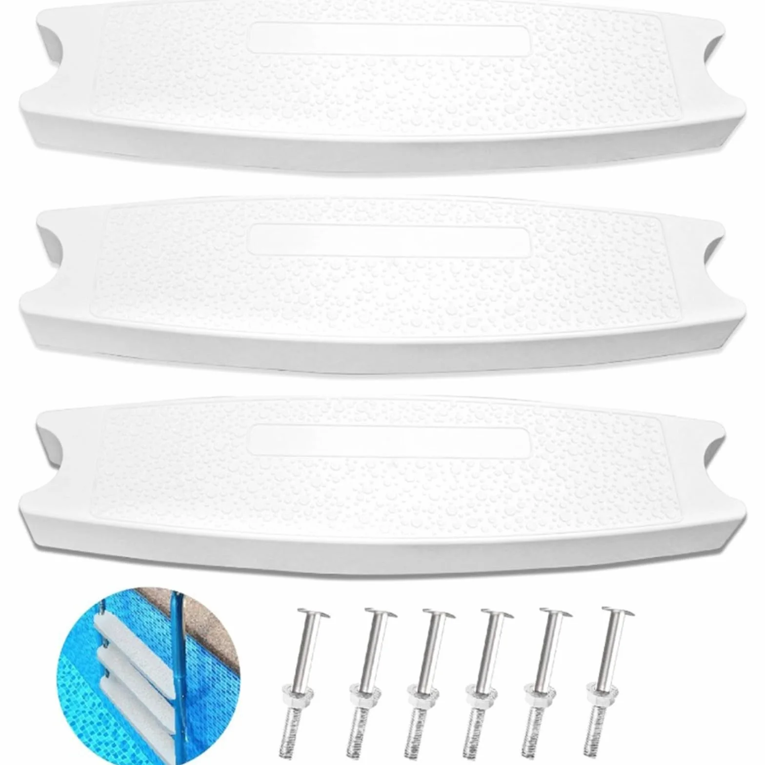 Paquete de 3 escalones de repuesto antideslizantes de plástico con lunares para escaleras de 19 pulgadas de diámetro, piezas de escalera de piscina ABS resistentes con pernos, color blanco