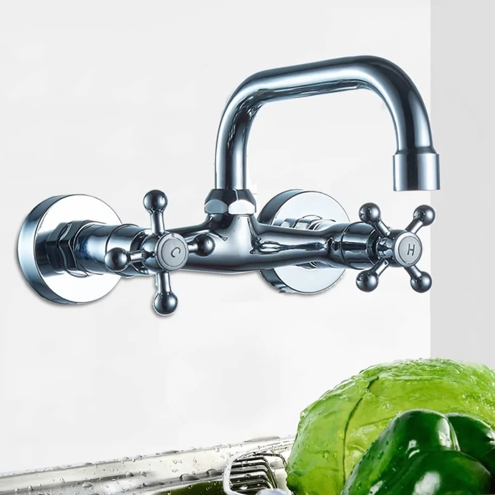 Grifo montado en la pared, Grifo Doble de dos manijas para cocina, Grifo Lavadero, Grifo de cocina nostálgico, regulador giratorio, retro, instalaciones de baño, plata