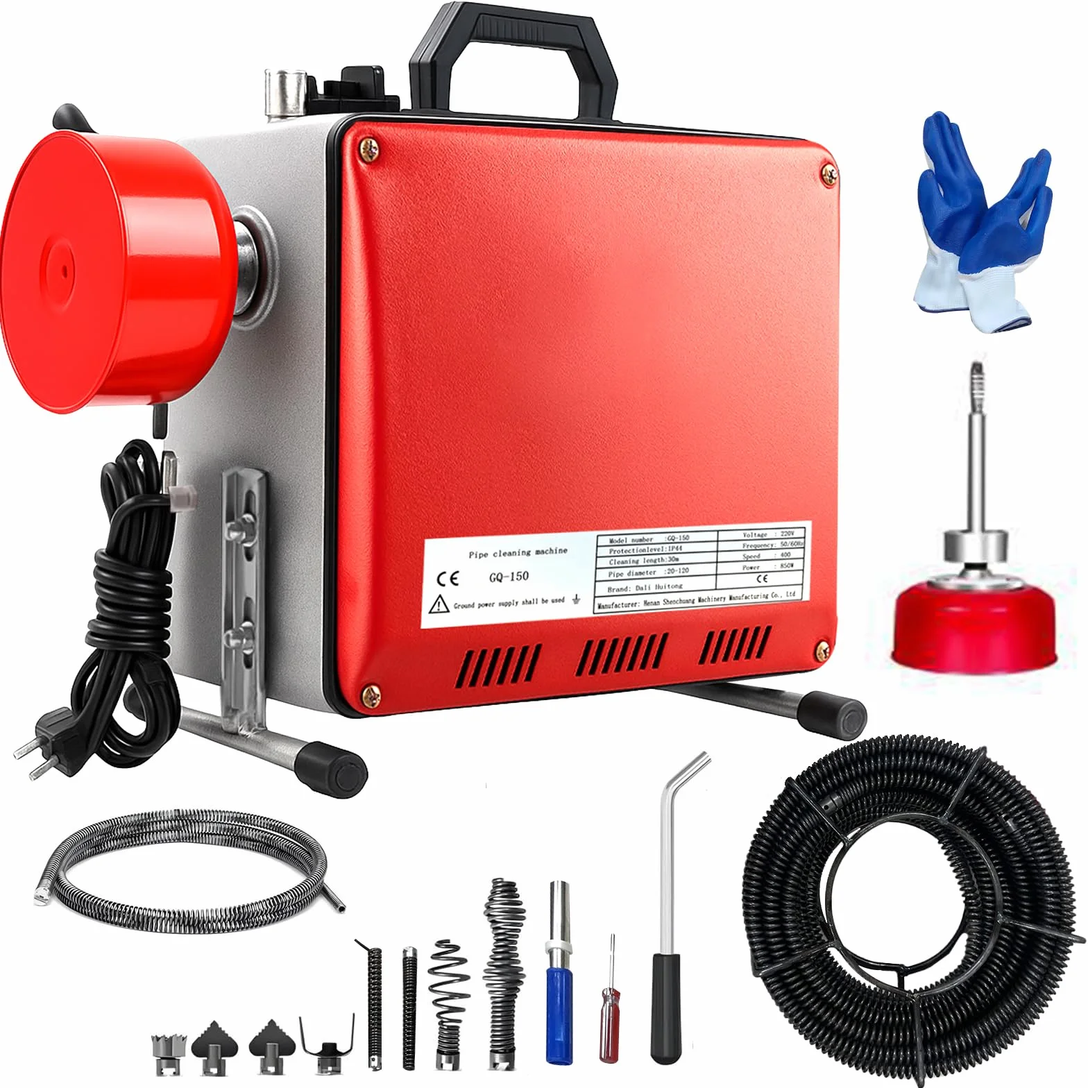 850W Máquina de Limpieza de Tuberías, Limpiador de Desagües Eléctrico de 400 rpm, Desatascador Eléctrico de Tuberías con Espirales de 16mm y 10mm Adecuado para Tubos de Ø20-100mm 20M Spiralen