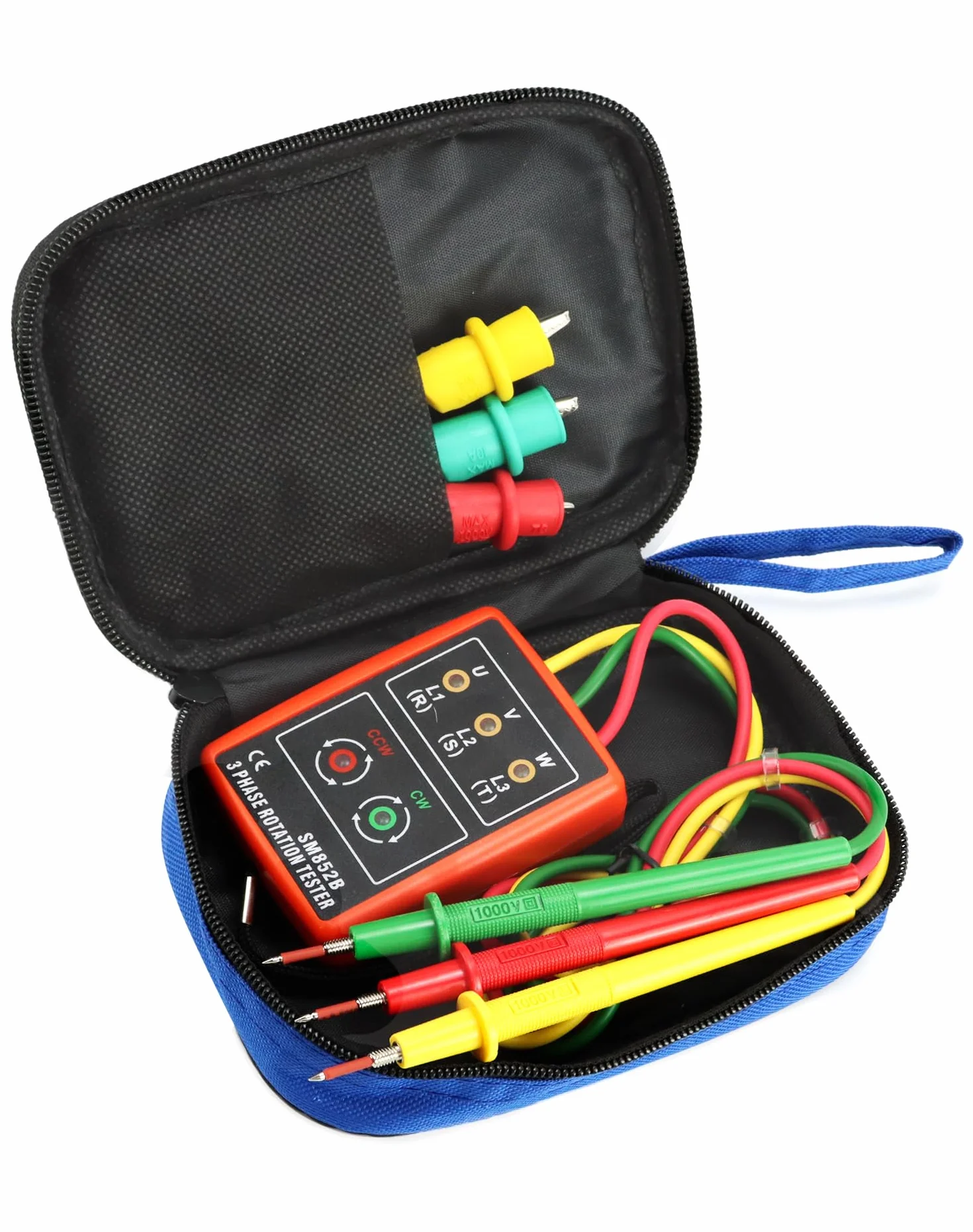 QWORK® Probador de fase, dispositivo de medición de campo giratorio para 3 fases, 60 V ~ 600 V CA, 20-400 Hz, con probador de zumbador y pinzas de cocodrilo