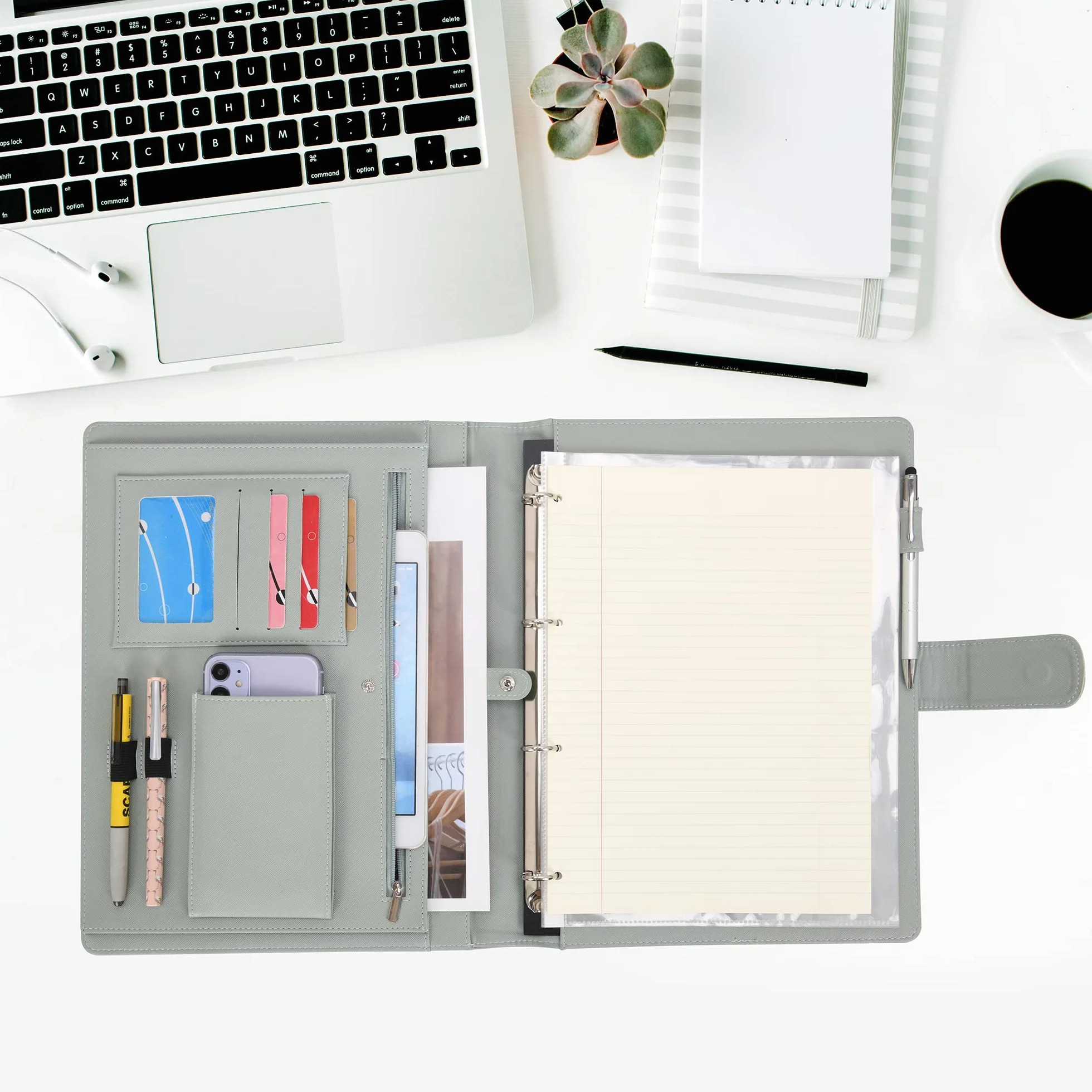 Wonderpool A4 PU Cuero 4 Anillos Carpeta Organizador con Portapapeles Extraíble y Bolsillo Funcional (Verde)