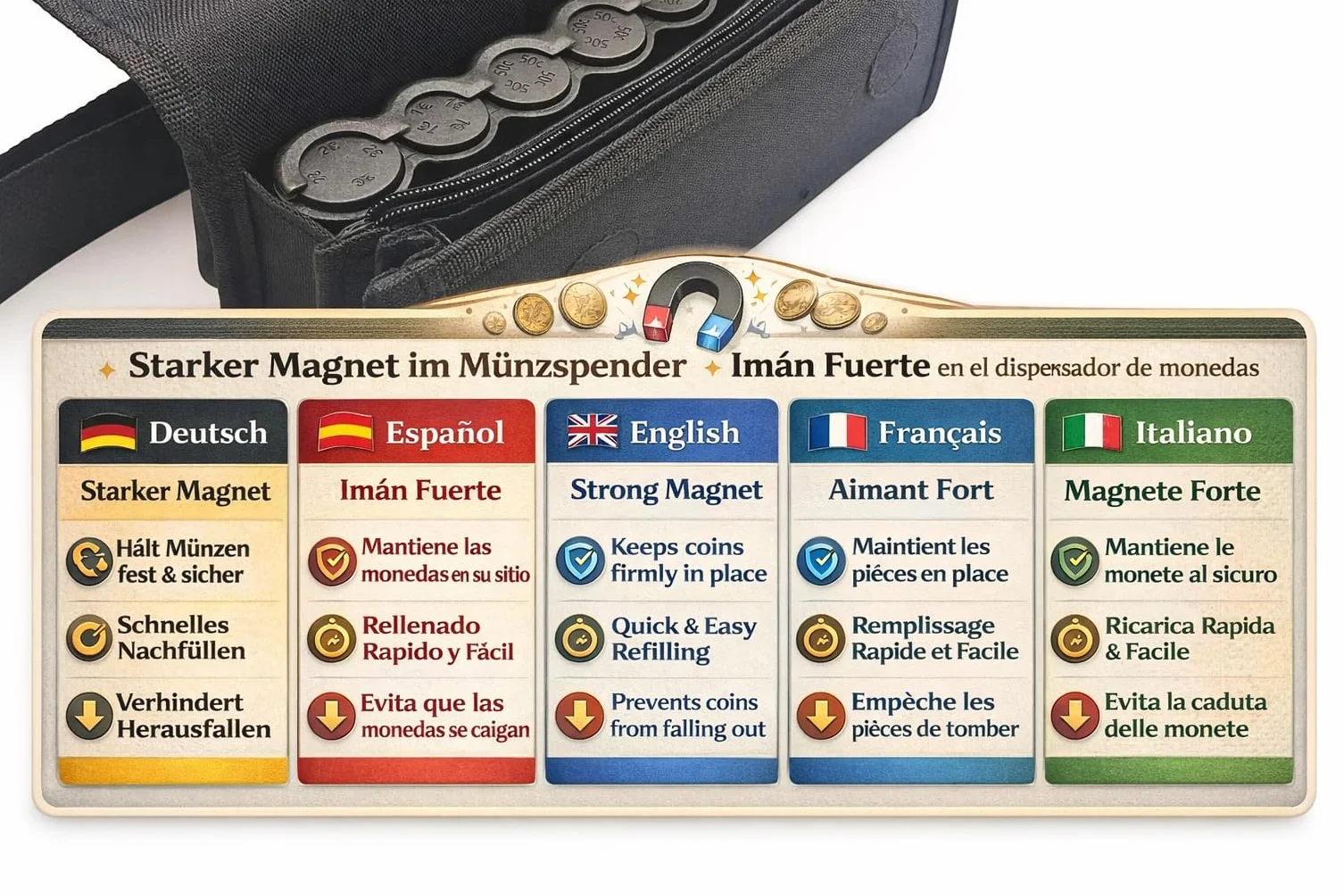 Dispensador Magnético de Monedas Euro con Cinturón y Billete - Organizador Portamonedas