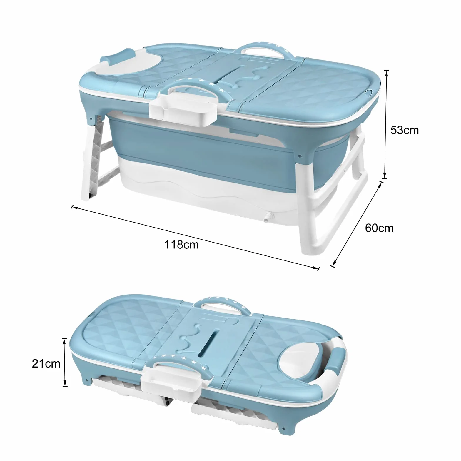 HENGMEI Bañera plegable para adultos, 112 x 62 x 52 cm, bañera portátil con cubierta, rodillos de masaje y bandeja para bañera, azul y verde