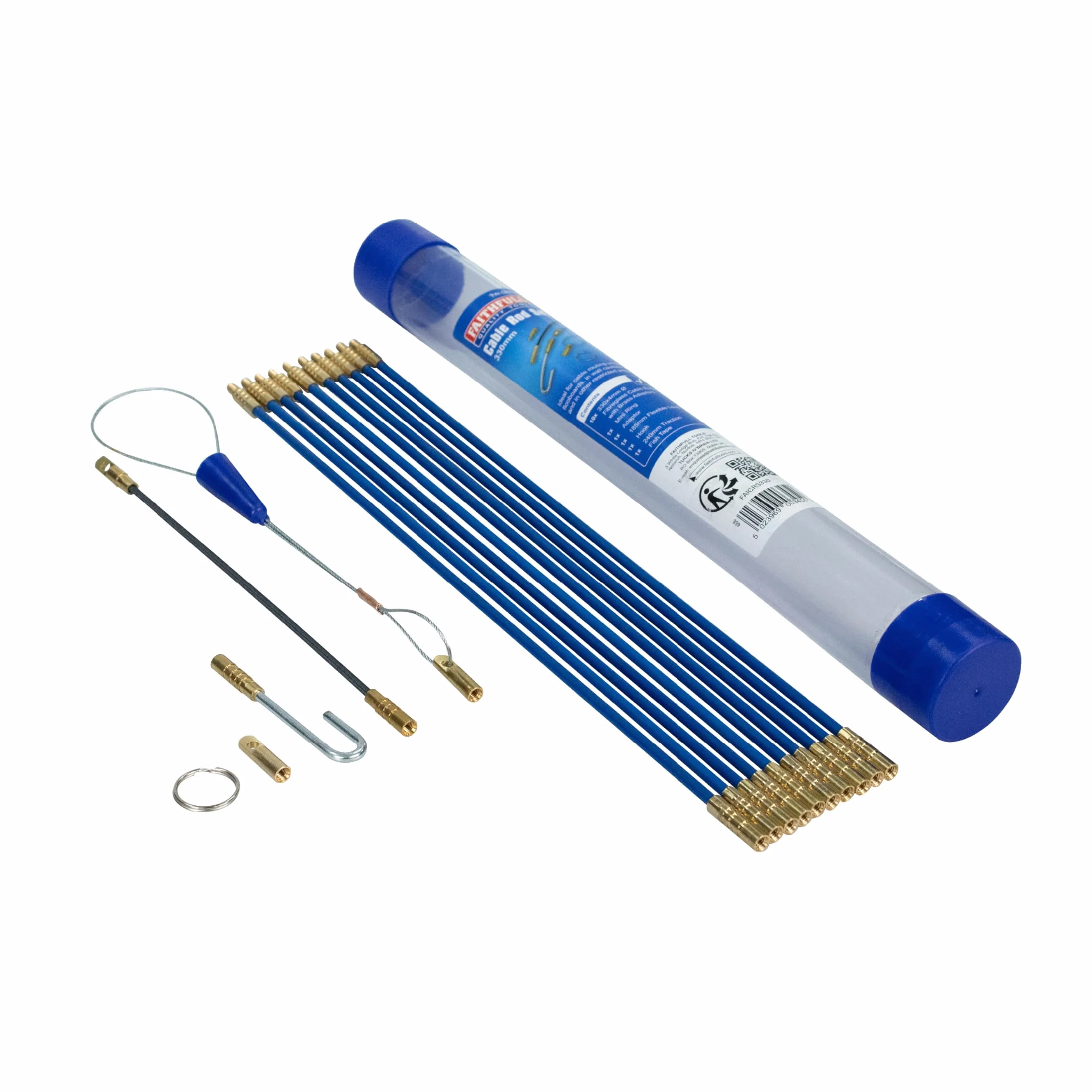 Kit de tire-câbles et accessoires Faithfull - 3,3 mètres, 4 mm de diamètre - Kit de 15 pièces comprenant 10 tiges en fibre de verre de 330 mm, un tire-câble de traction et un tube de rangement
