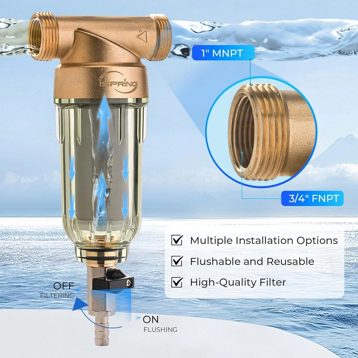 iSpring WSP-500 Filtro de agua de sedimentos reutilizable para toda la casa, filtración de prefiltro desechable de 500 micras, 20 GPM, MNPT de 1 pulgada + 3/4 pulgadas FNPT, latón