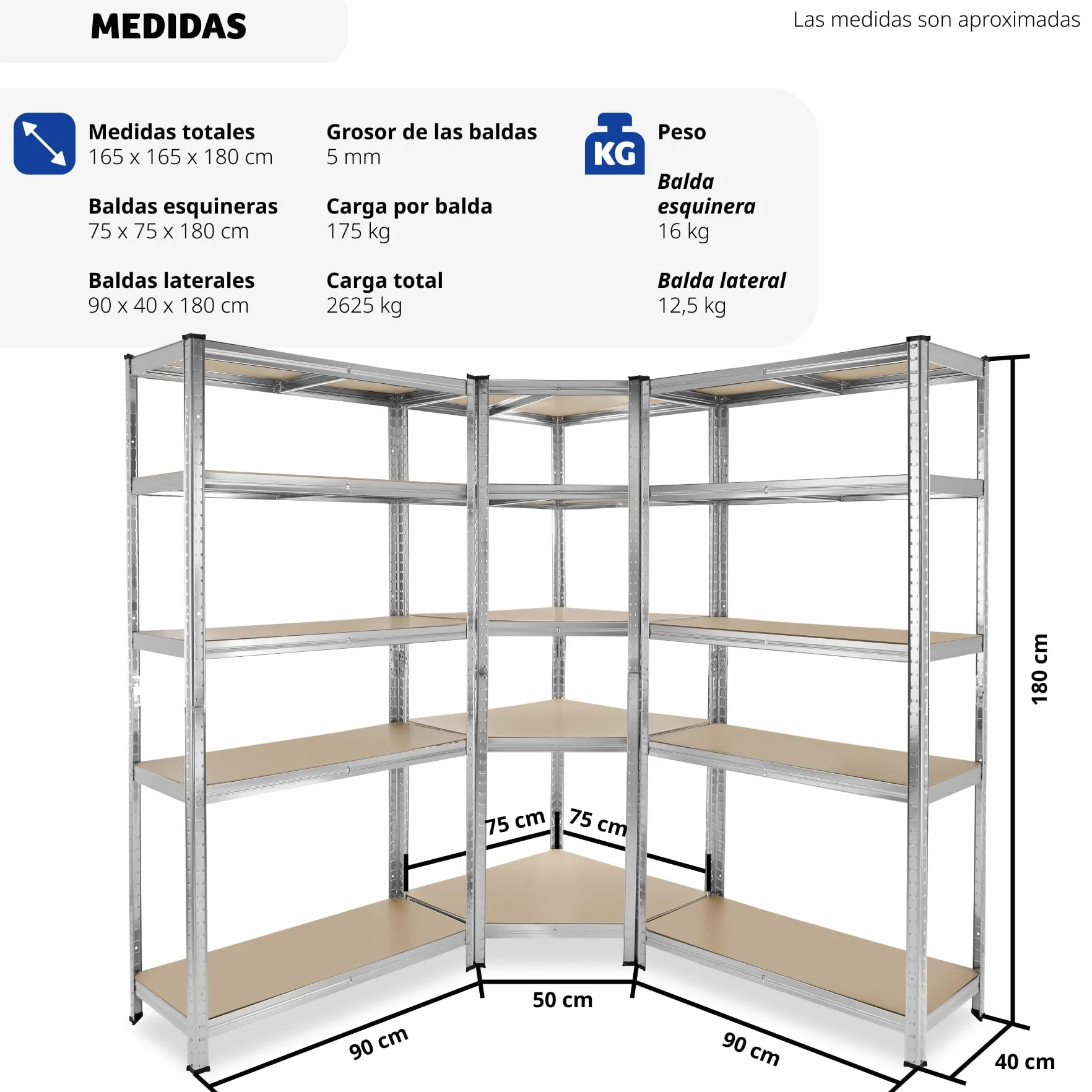 tectake® Estantería para Cargas Pesadas, 3 Partes, 15 Estantes, Estructura de Acero Galvanizado, Capacidad de Carga 2625 kg, Ajustable en Altura, Convertible en Bancos de Trabajo, Bordes Redondeados