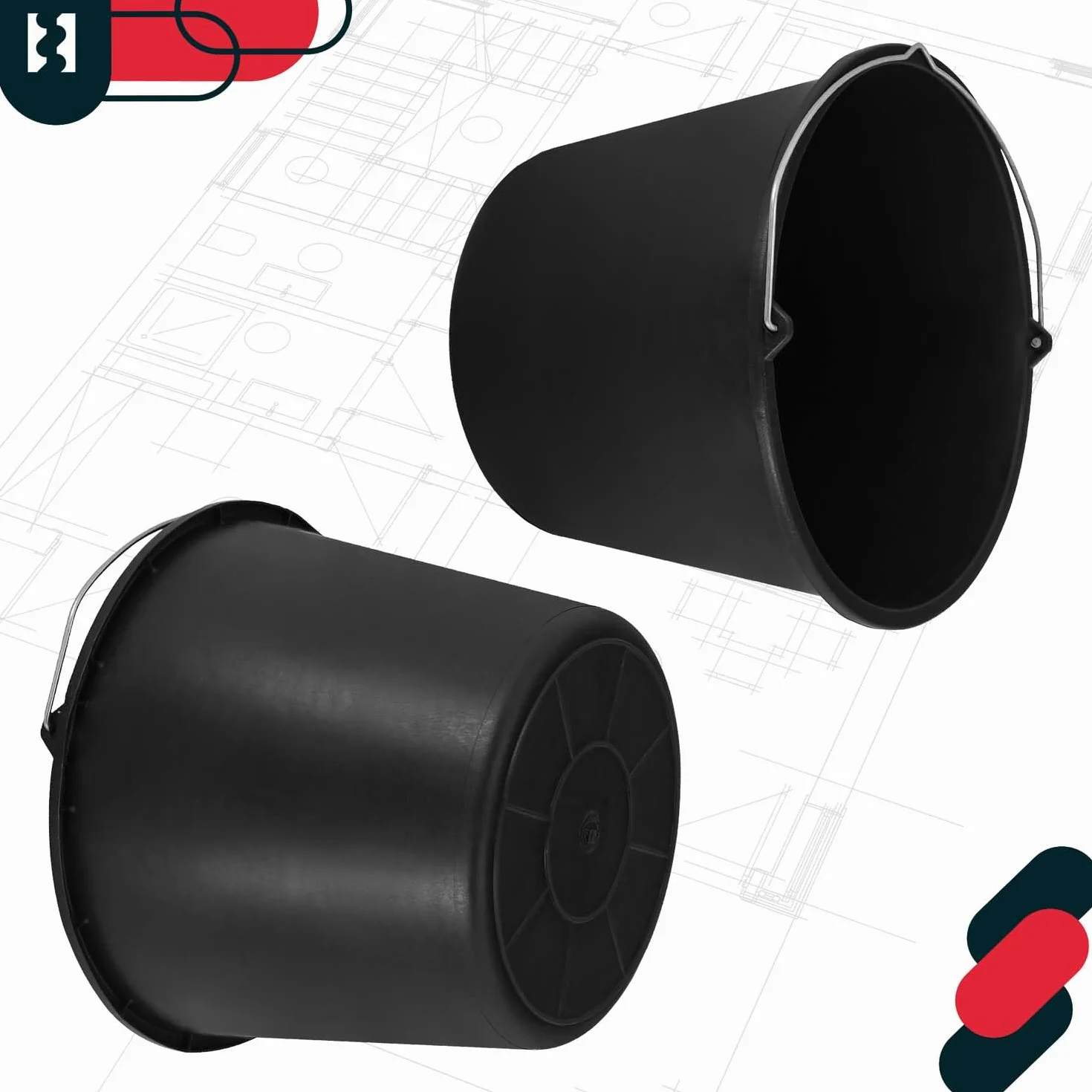 KOTARBAU Juego de 5 cubos de plástico de 16 l para la construcción, cubos para mortero, cemento, agua, cubo de jardín, negro