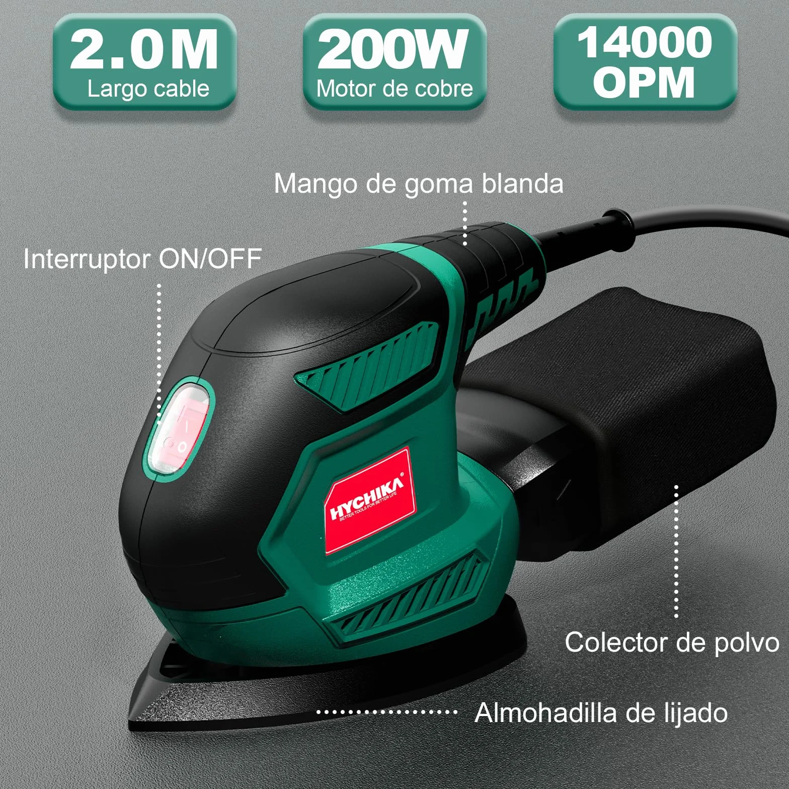 HYCHIKA Lijadora Eléctrica 200W 14000RPM con Motor de Cobre Puro, Recogida de Polvo, 12 Piezas Lija (240/120/80 Grano), Lijadora Mouse para Esquinas