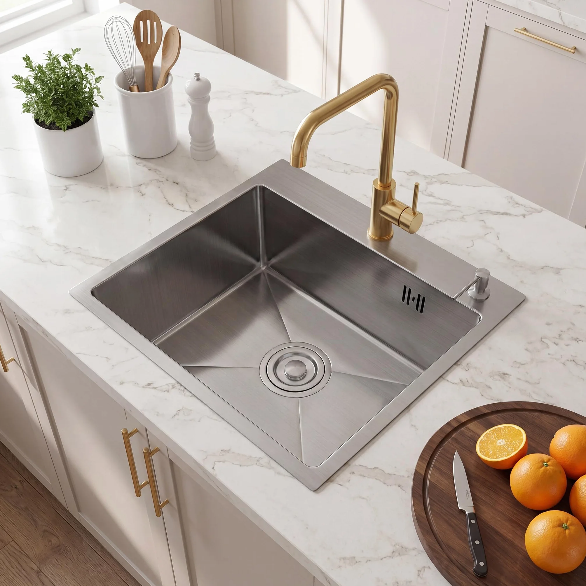 Fregadero Cocina 50x45 cm, STANEW Fregadero Cocina 1 Seno,Fregadero Inox con Dispensador de Jabón y Sifón，Sobre Encimera,Adecuado para Cocinas Pequeñas y Autocaravanas.