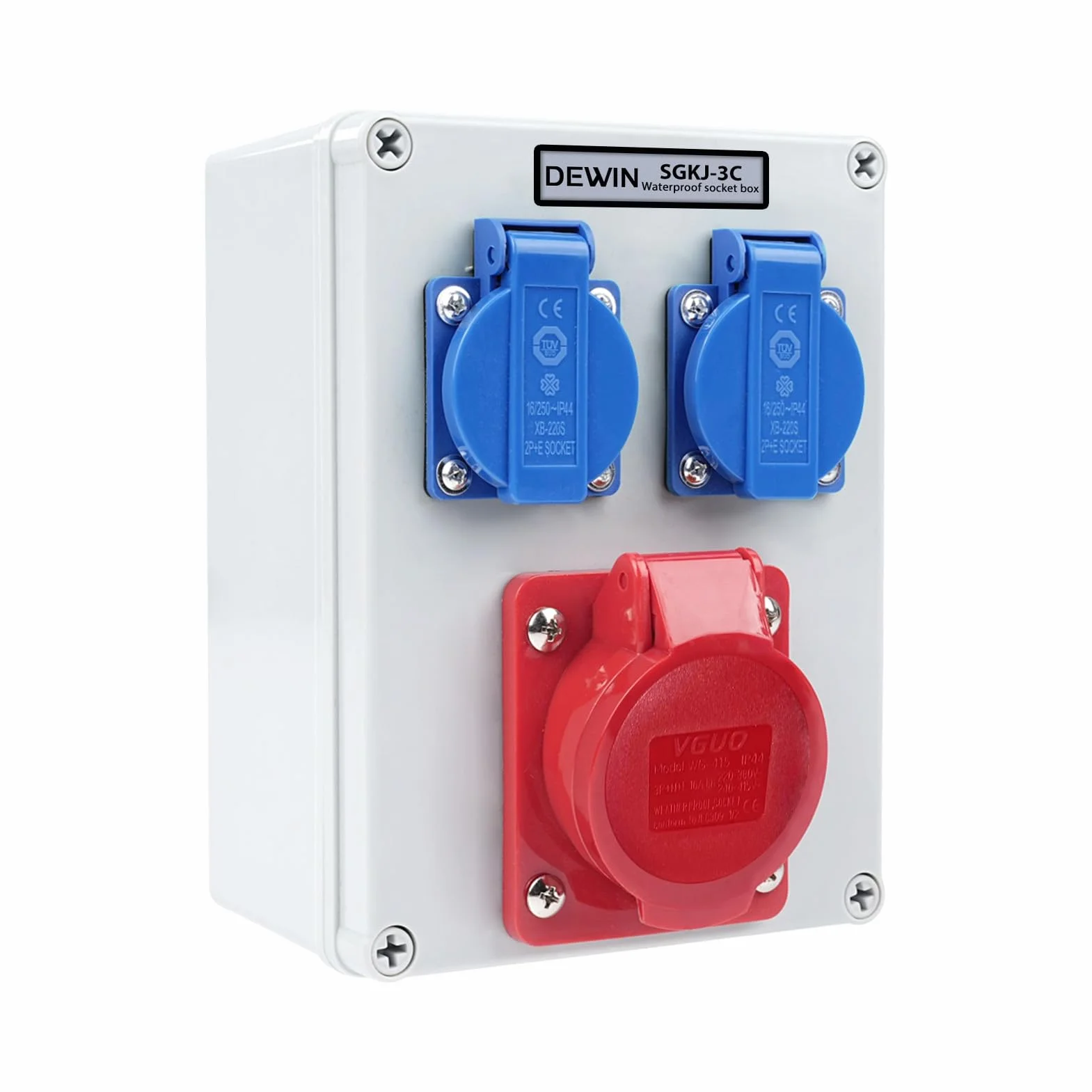 Distribuidor de Corriente de Pared, Enchufe Exterior Estanco 2x 220V Enchufes Schuko 16A+Enchufes CEE 16A 5P (3P+N+E) Caja Cuadro Electrico IP66 Impermeable para Construcción, Interiores y Exteriores