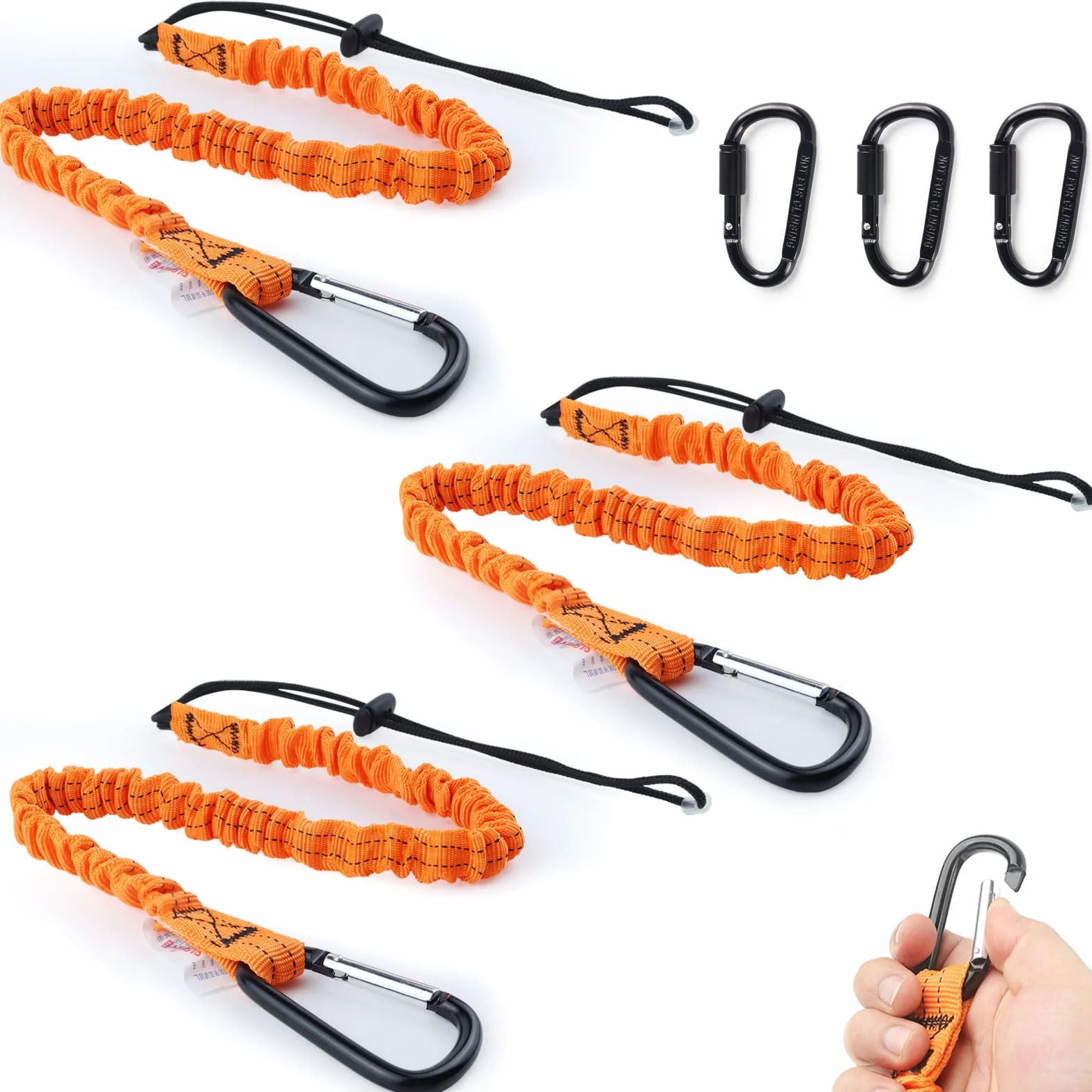 Cordón Retráctil para Herramientas 3 Piezas con Mosquetón para Construcción y Alpinismo Naranja