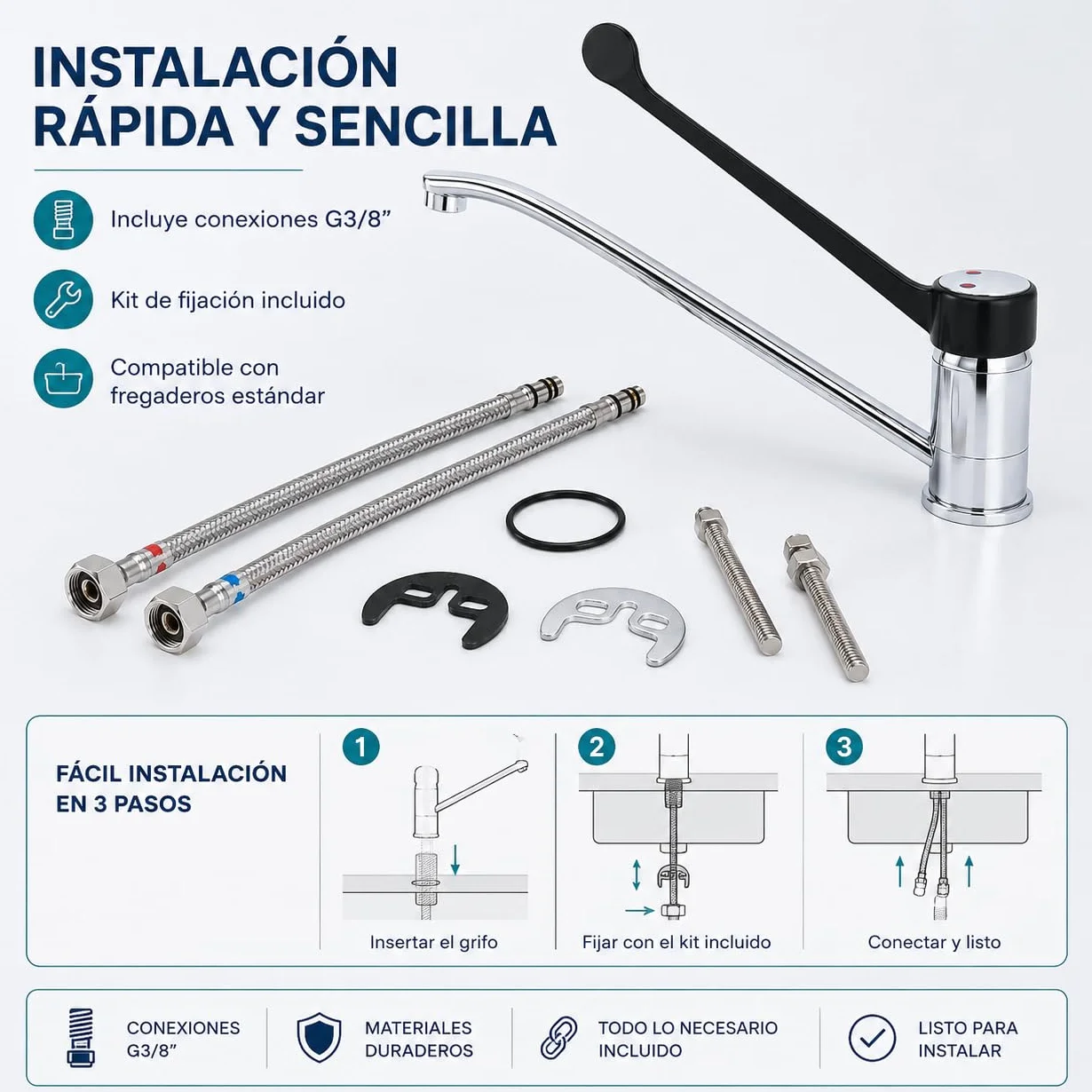 GOLDMAN SERVICE | Grifo de Codo Gerontológico Monomando, Palanca Larga 30 cm, Caño 360°, Grifo Sanitario e Higiénico para Hospitales, Clínicas, Laboratorios y Cocina Profesional